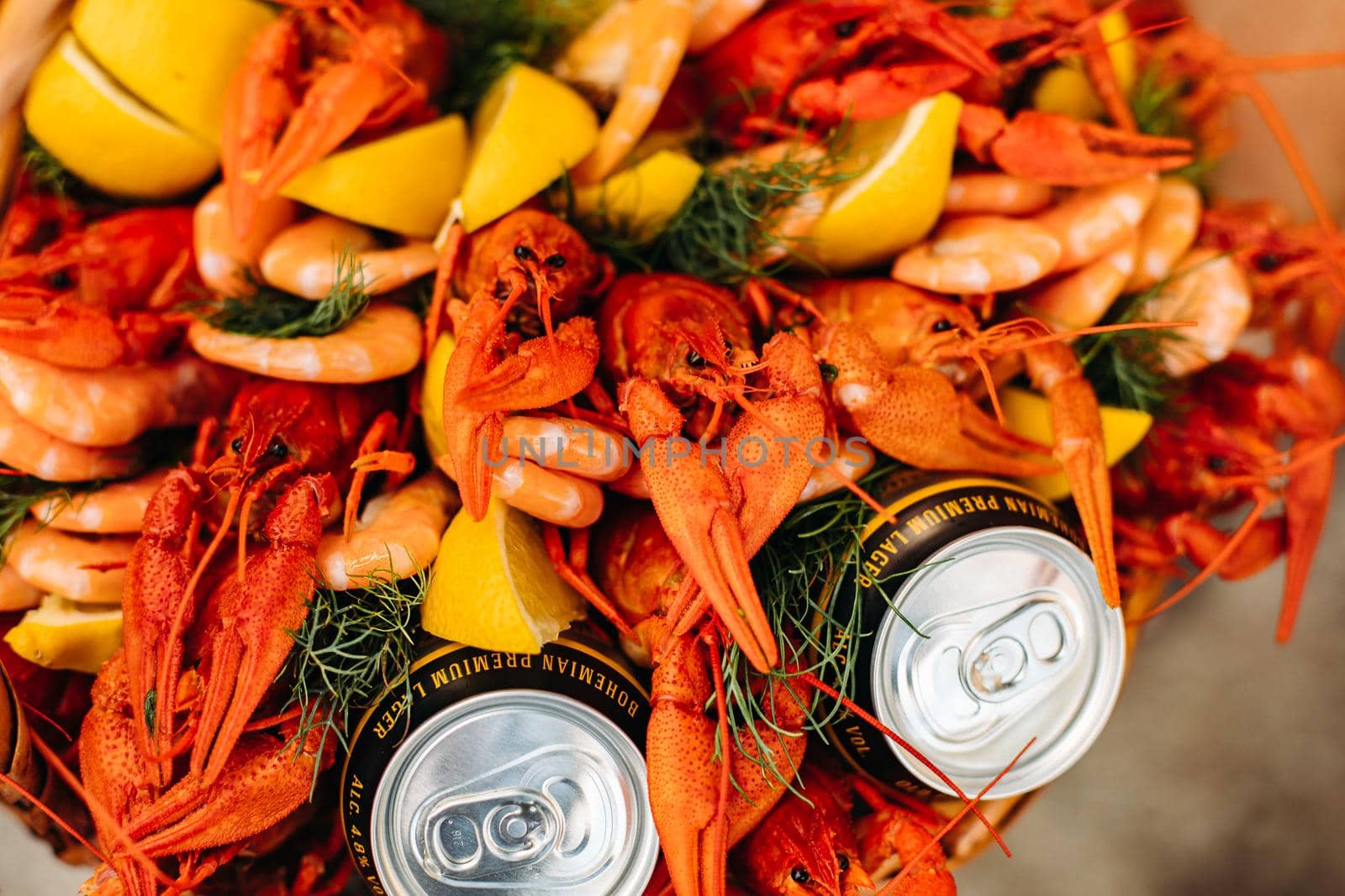 Festive woven gift basket for a man with crayfish and lemons