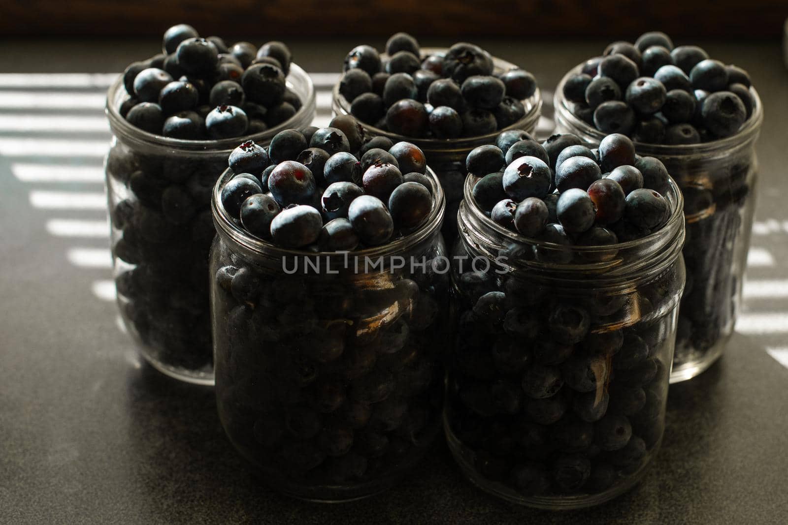 Several jars full of picked blueberries or honeysuckle berries on kitchen table in sunlight.