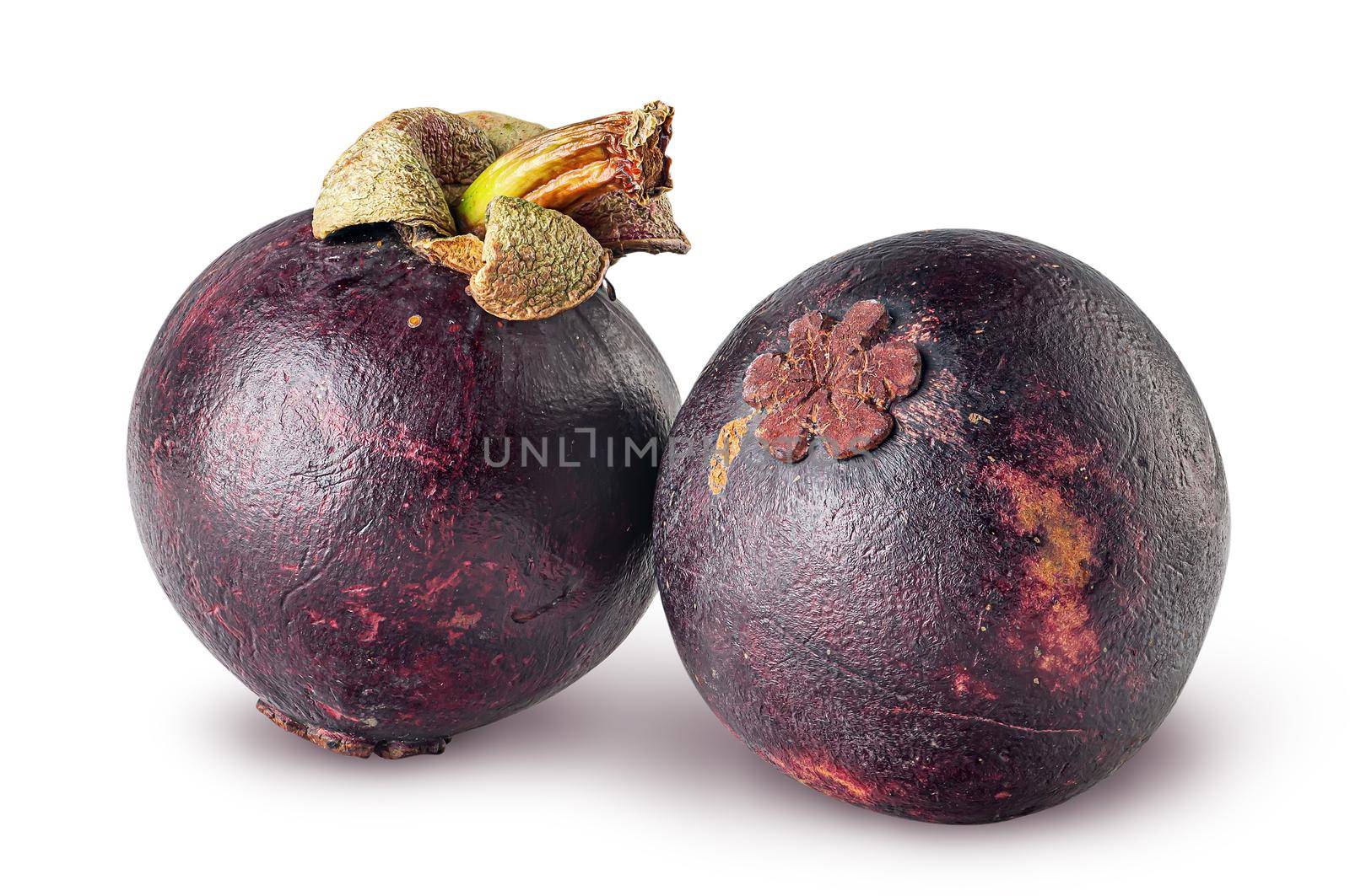 Two ripe mangosteen isolated on a white background