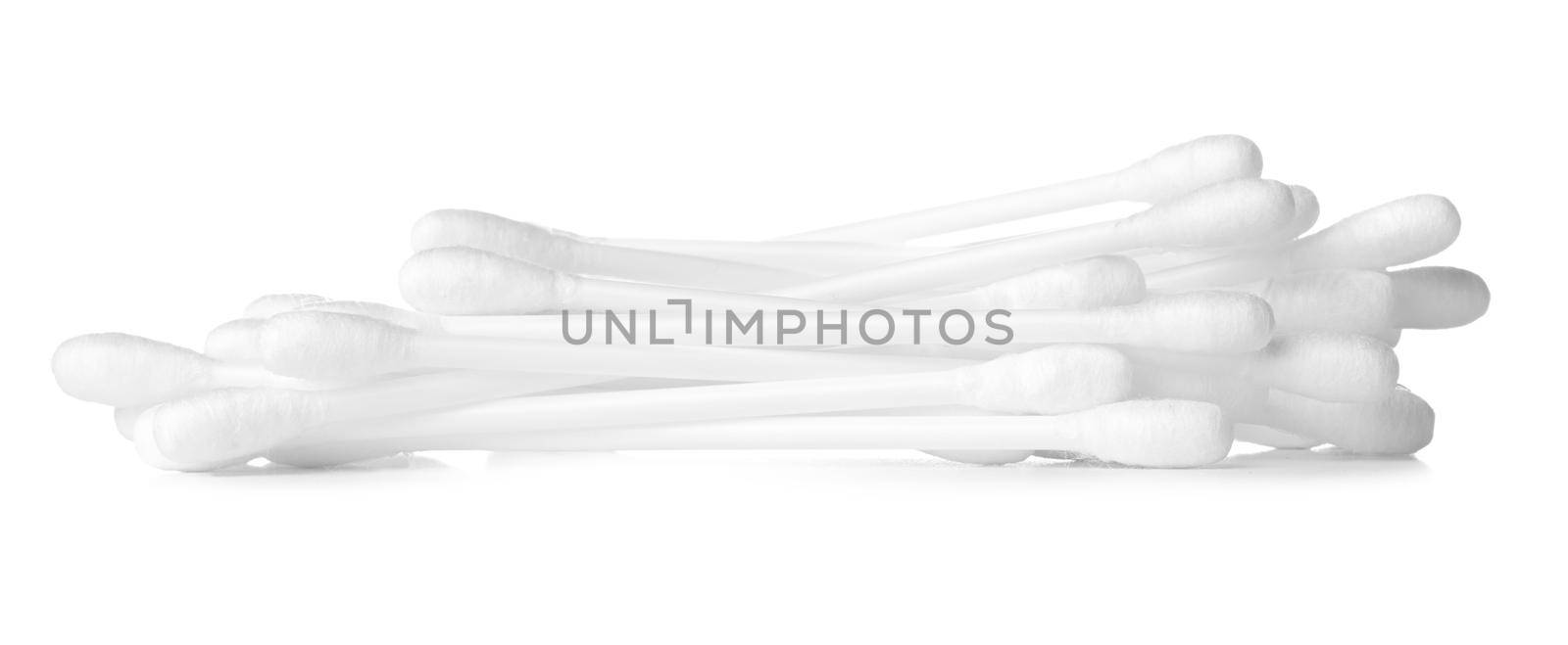 Cotton ear buds isolated on white background close up