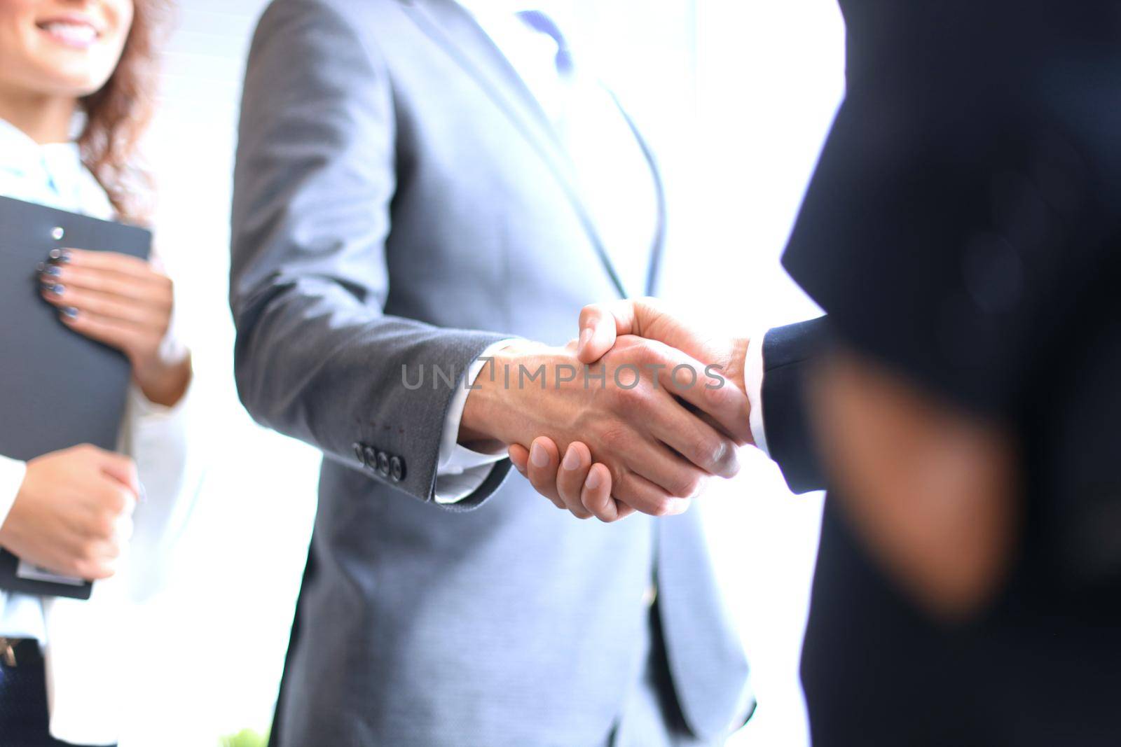 Business people shaking hands, finishing up a meeting by tsyhun