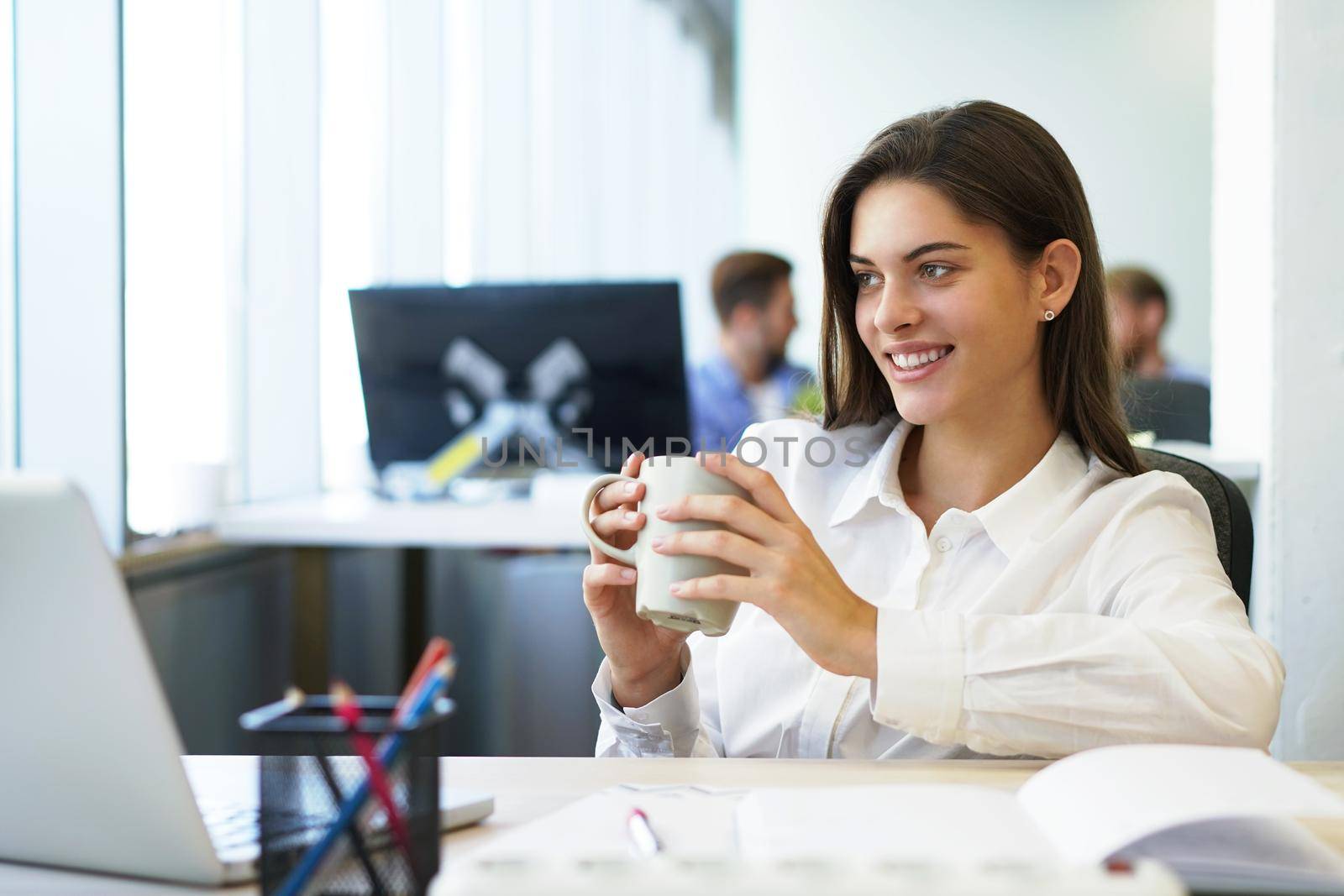 Beautiful business lady is looking at camera and smiling while working in office.