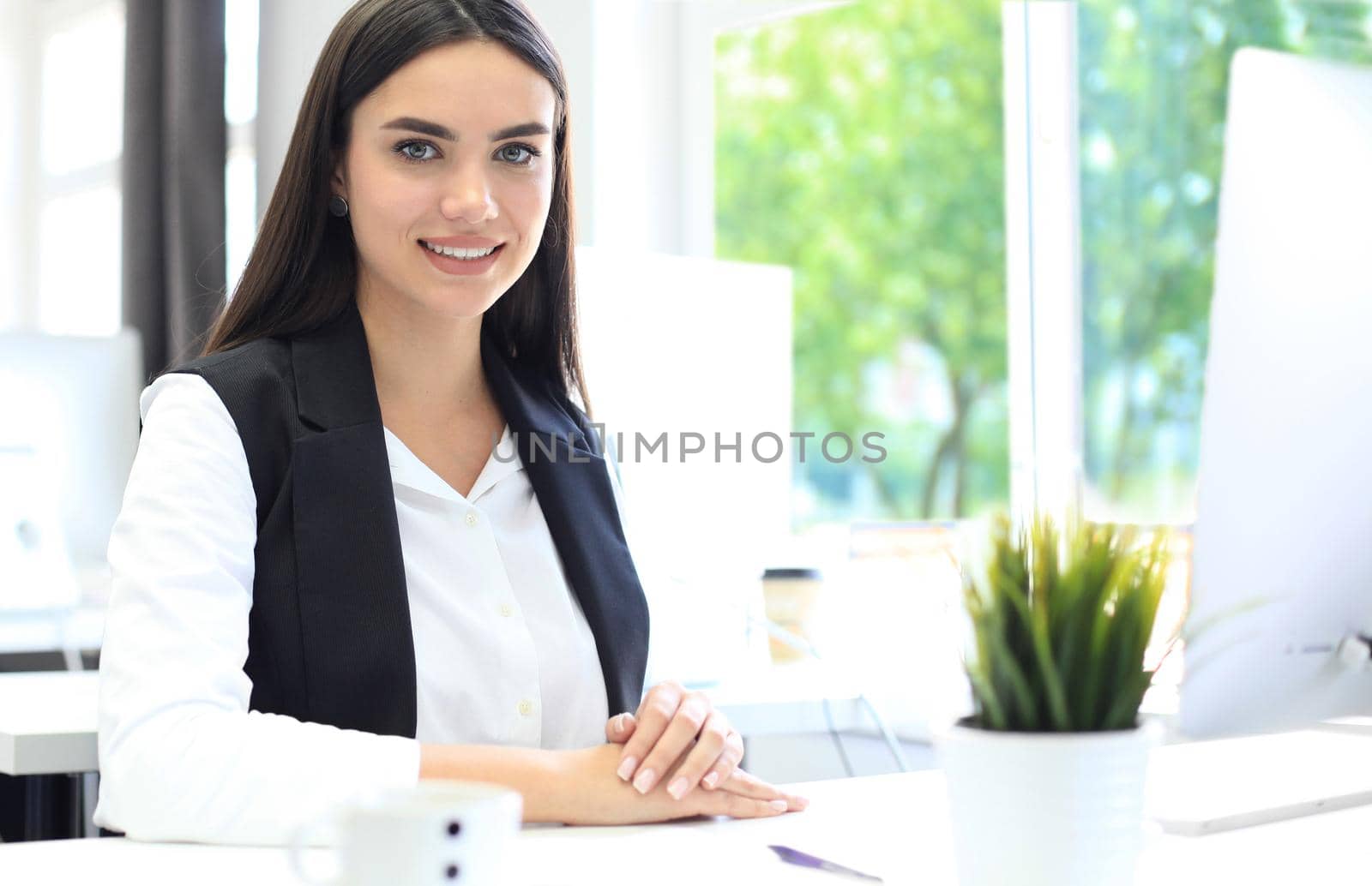 Modern business woman in the office with copy space.