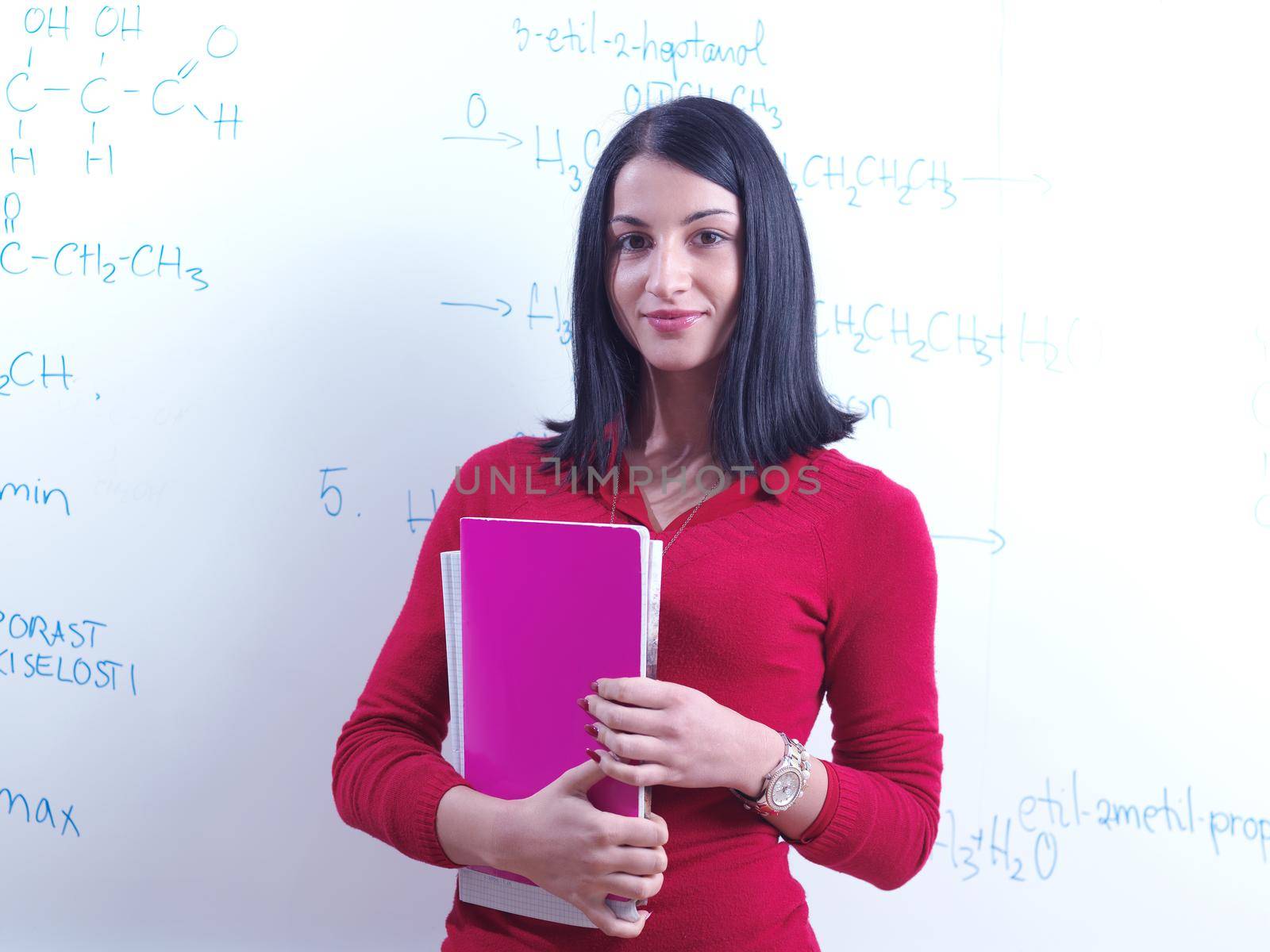 happy collage  school girl student portrait in  classrom and library