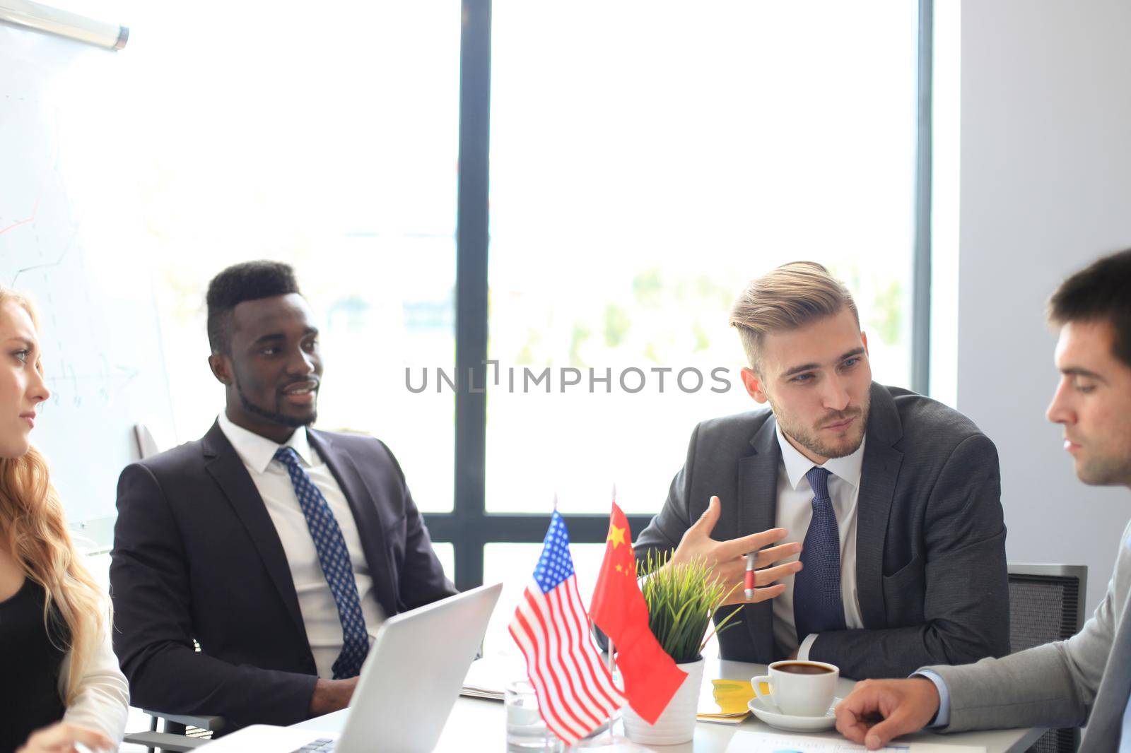 Diversity people talk the international conference partnership. American flag and British flag. by tsyhun