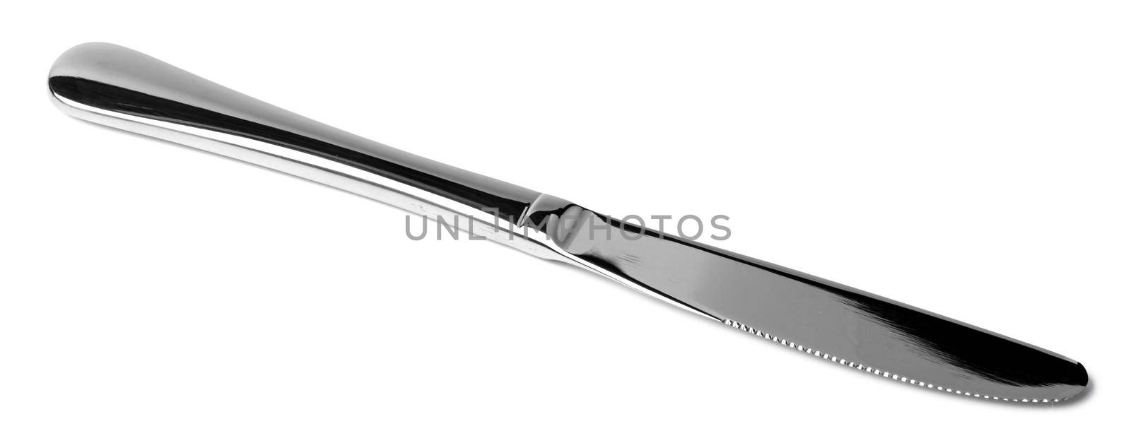 Silver dining knife isolated on white background close up