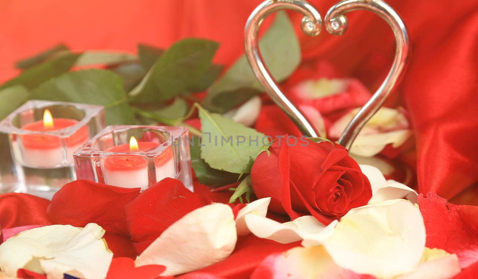 Valentine's Day. close up.roses and two candles on red background