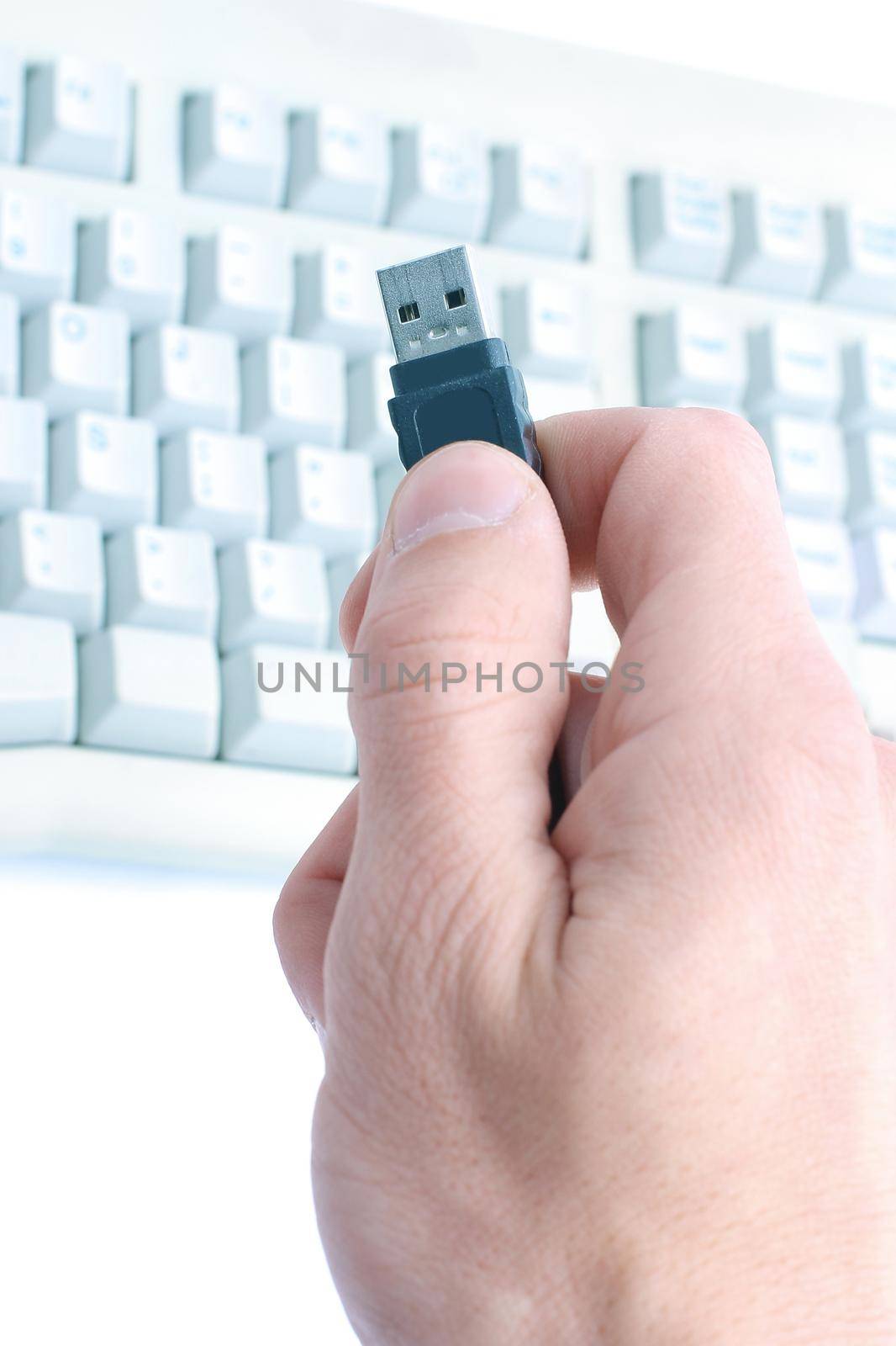 closeup . hand with USB cable, isolated on white background.