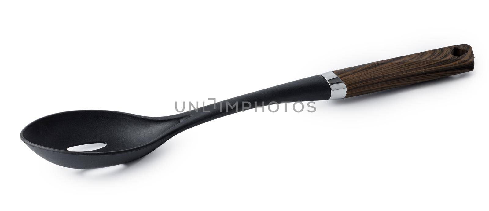 Black plastic spoon for draining isolated on white background