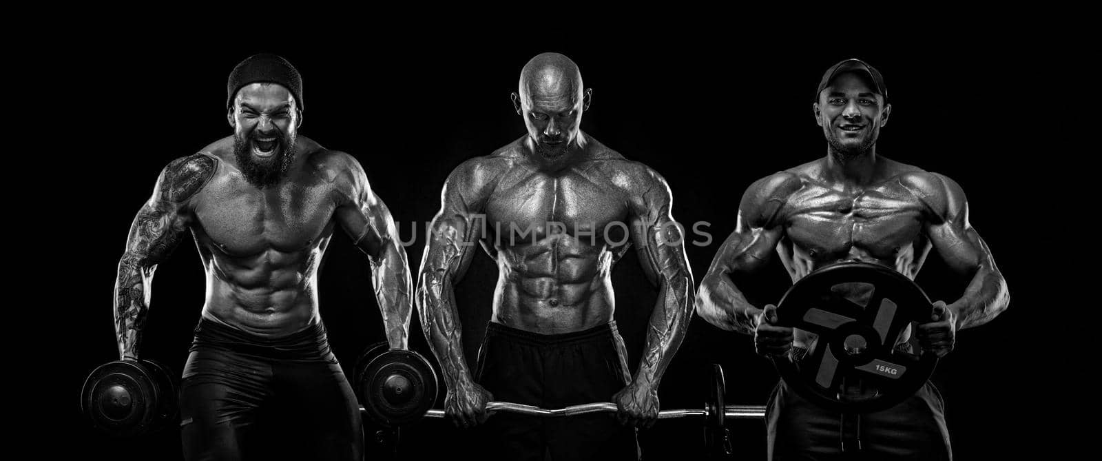 Three strong and fit men bodybuilders. Sporty muscular guys with barbell and dumbbells. Sport and fitness motivation. Individual sports recreation. by MikeOrlov