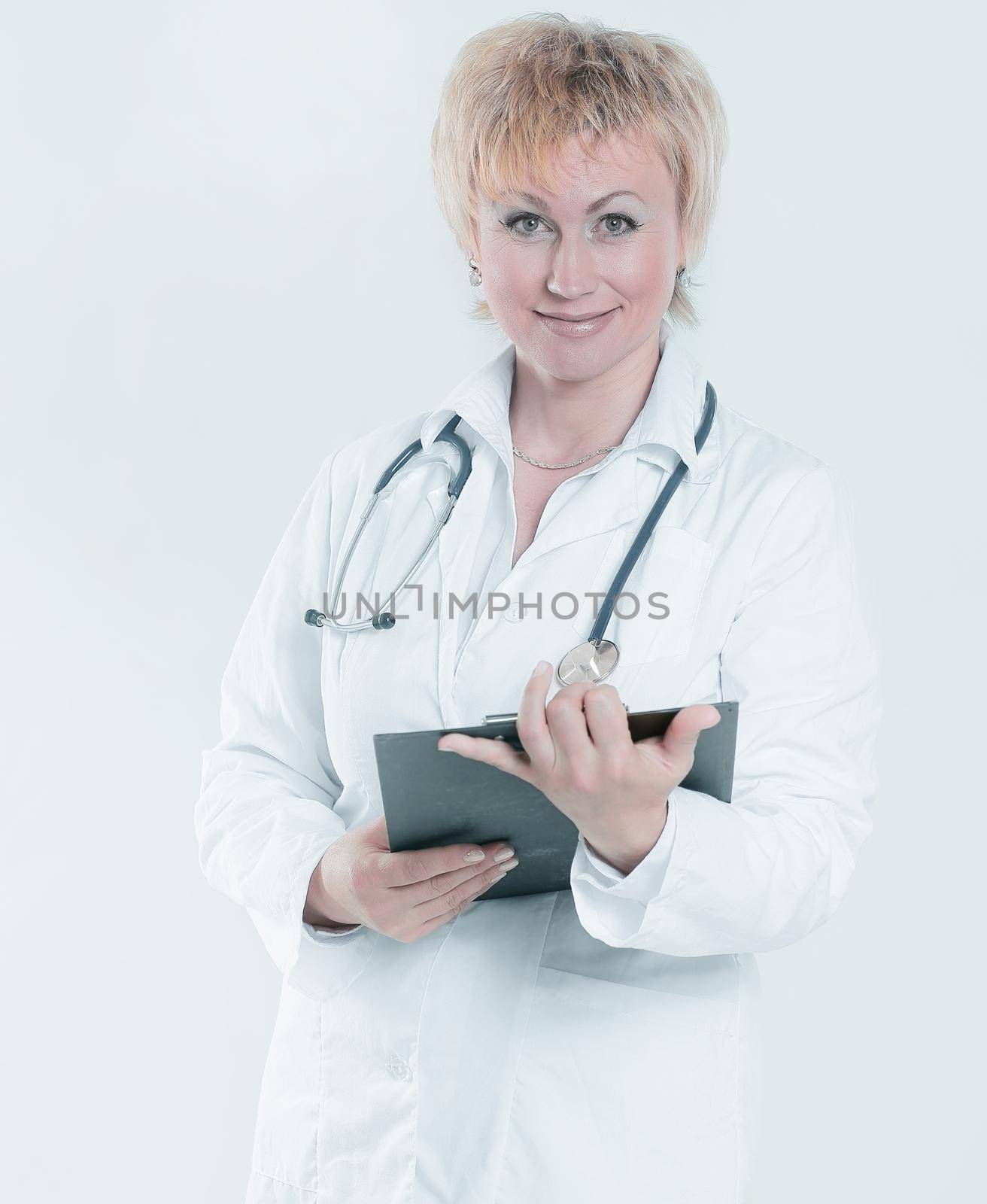 woman doctor with medical card of the patient .isolated on white background