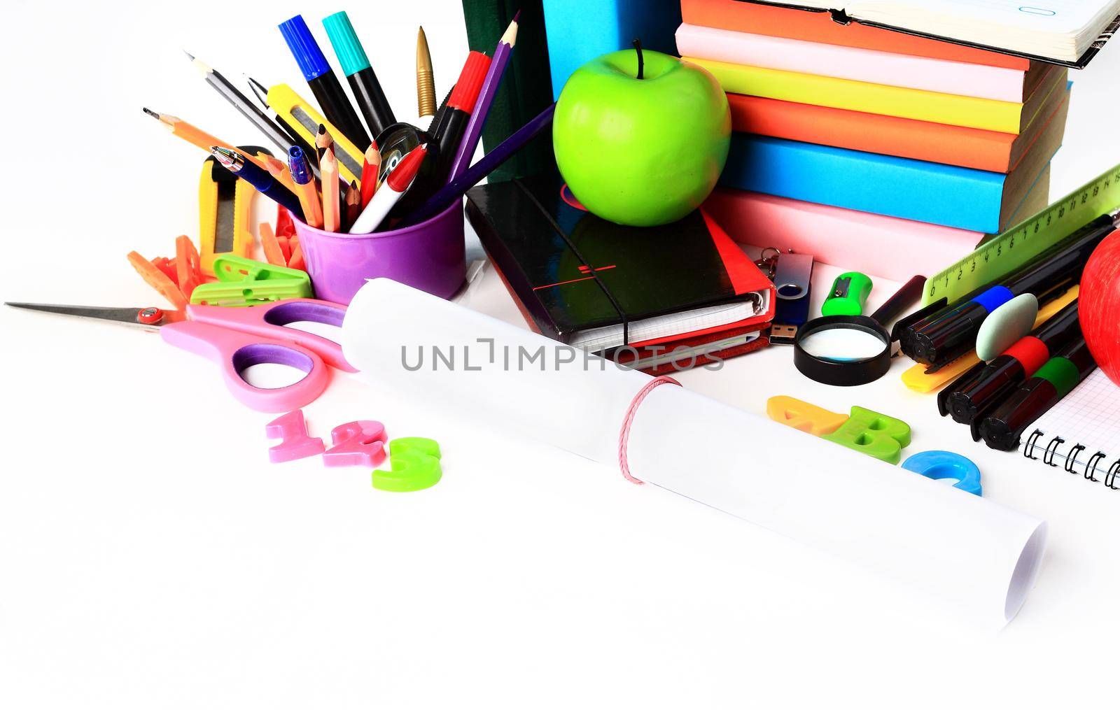 School stationery isolated over white with copy space