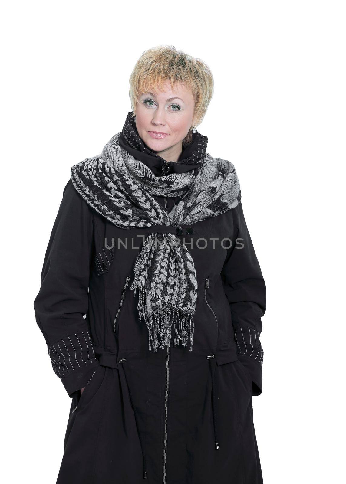 fashionable woman in a black coat and scarf.isolated on white. by SmartPhotoLab