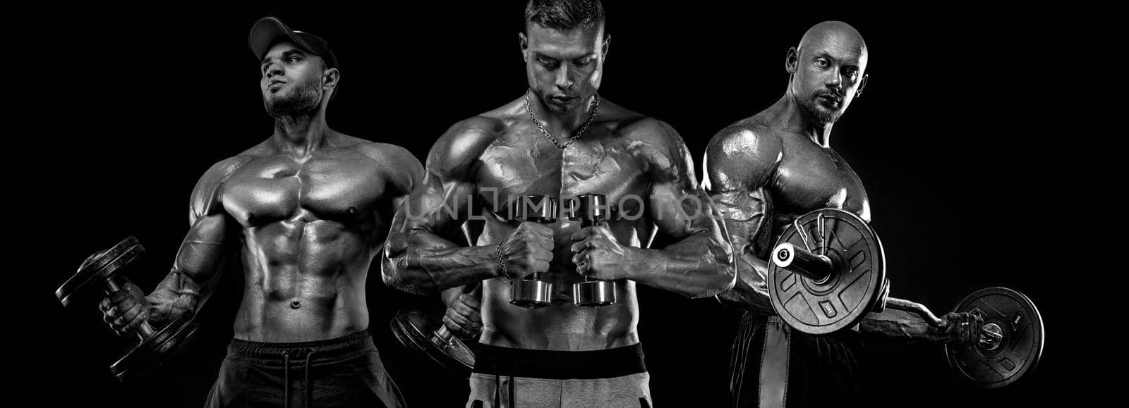 Three strong and fit men bodybuilders. Sporty muscular guys with barbell and dumbbells. Sport and fitness motivation. Individual sports recreation. by MikeOrlov