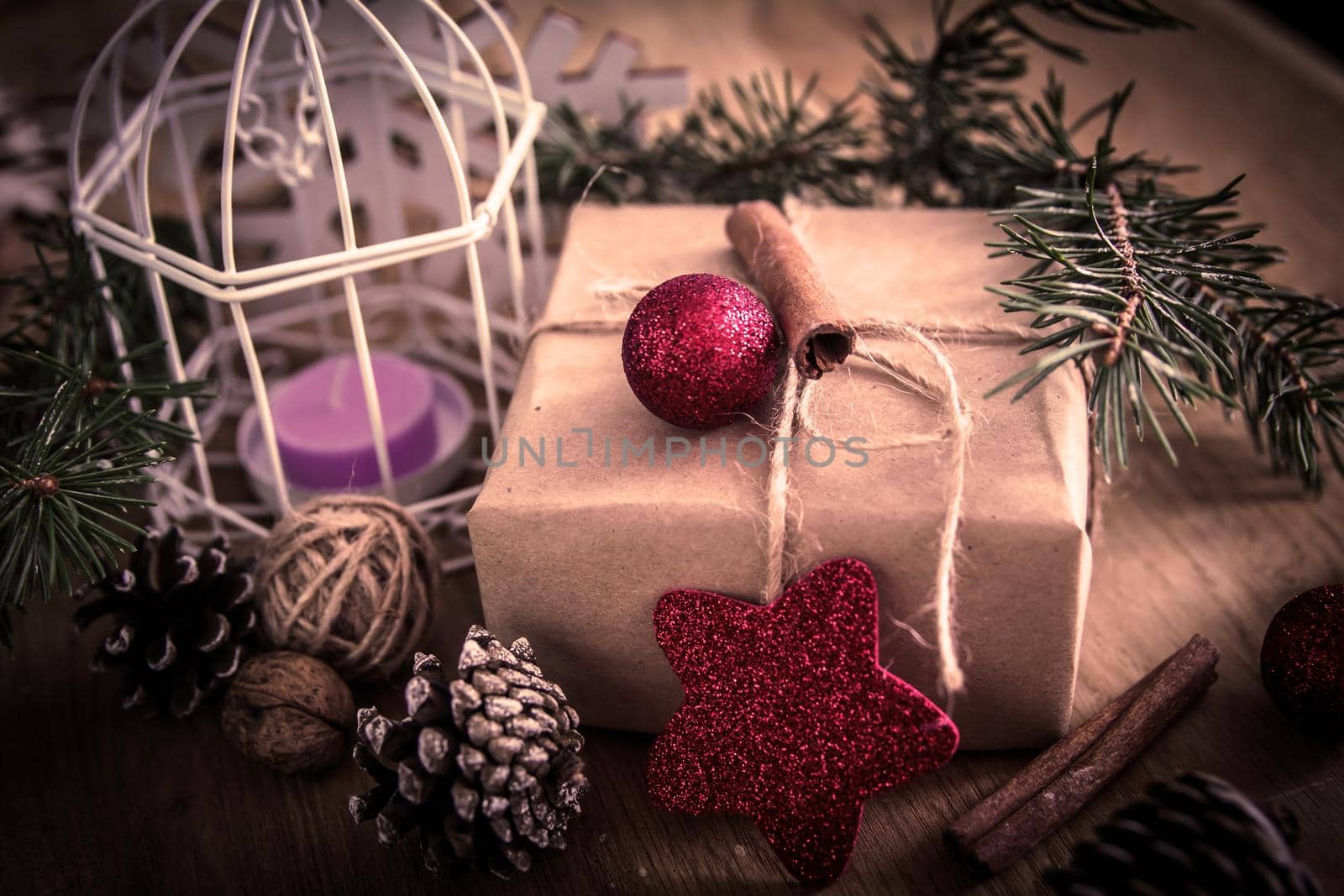 .box with gift on Christmas background . retro style by SmartPhotoLab