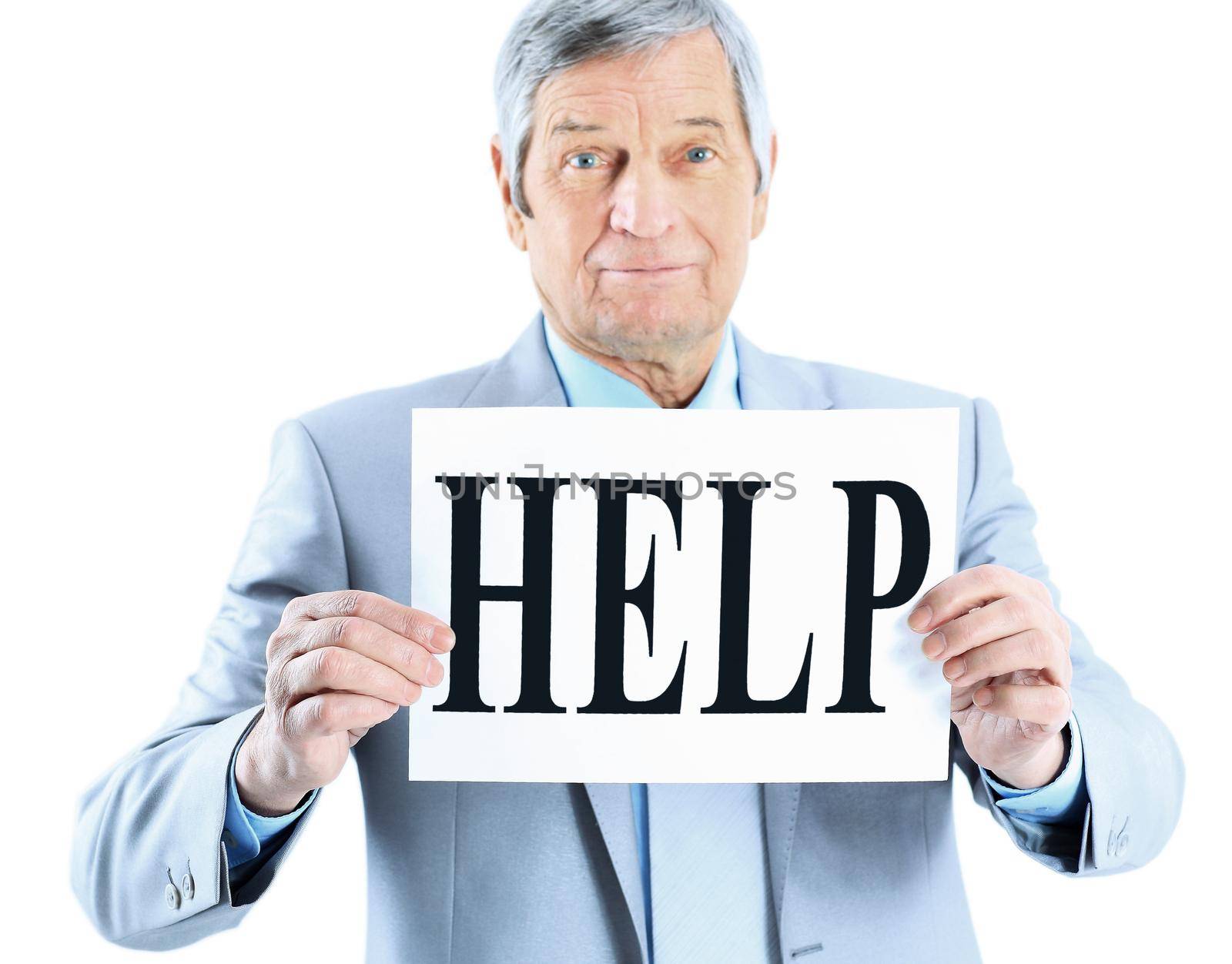 Nice businessman at the age, with a request for help. Isolated on a white background.
