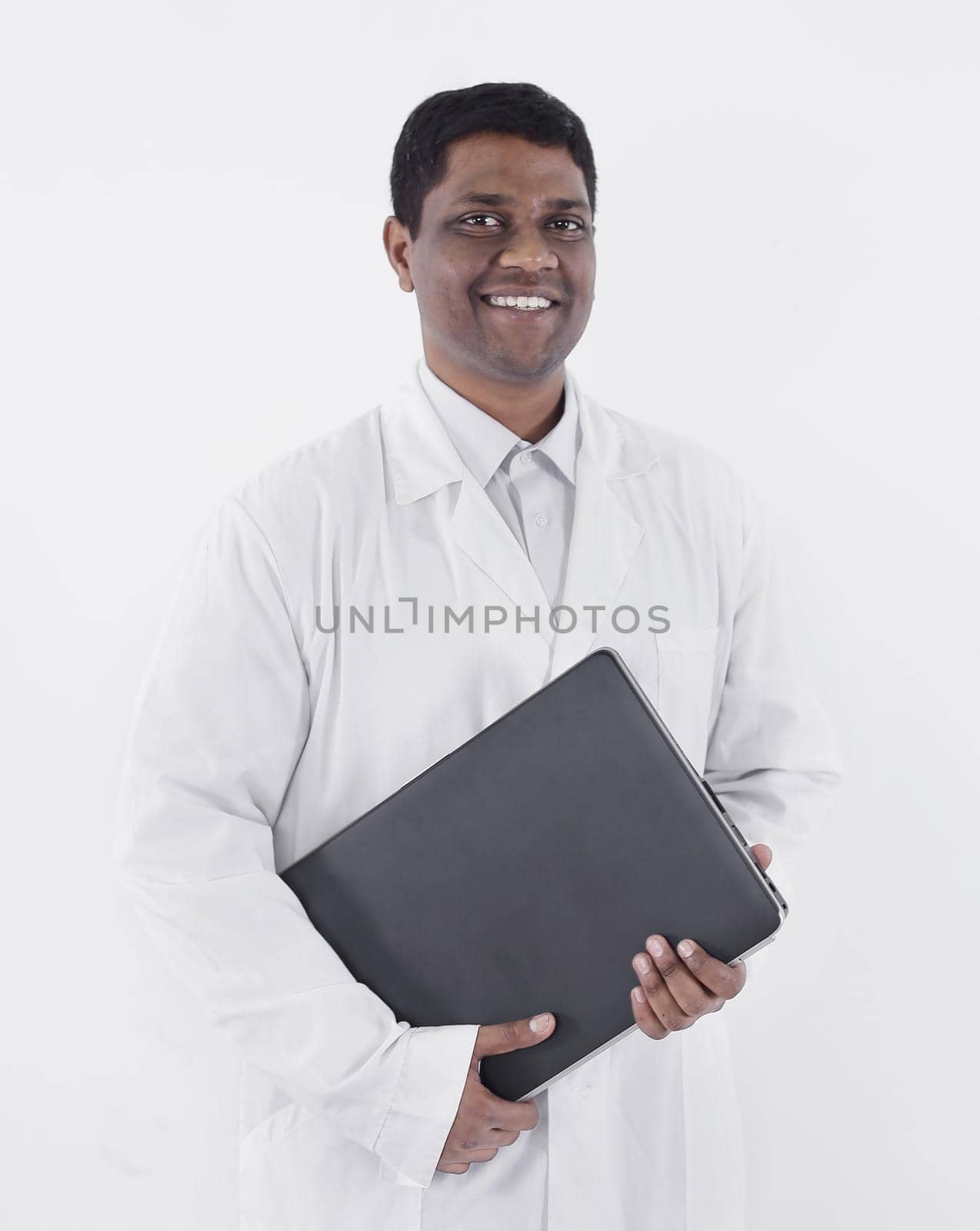 therapist working with laptop.isolated on white background