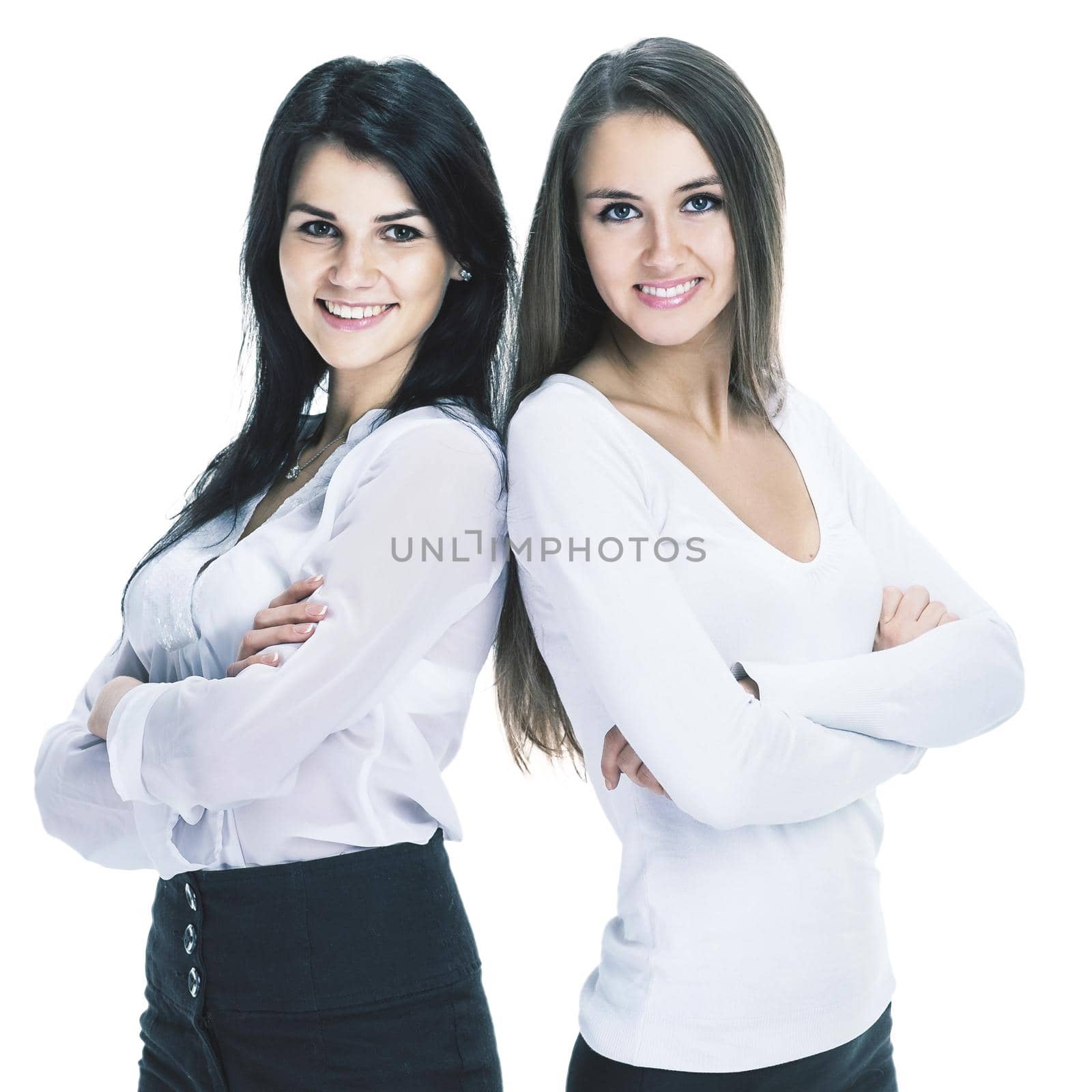 Two young successful attractive business woman isolated white background by SmartPhotoLab