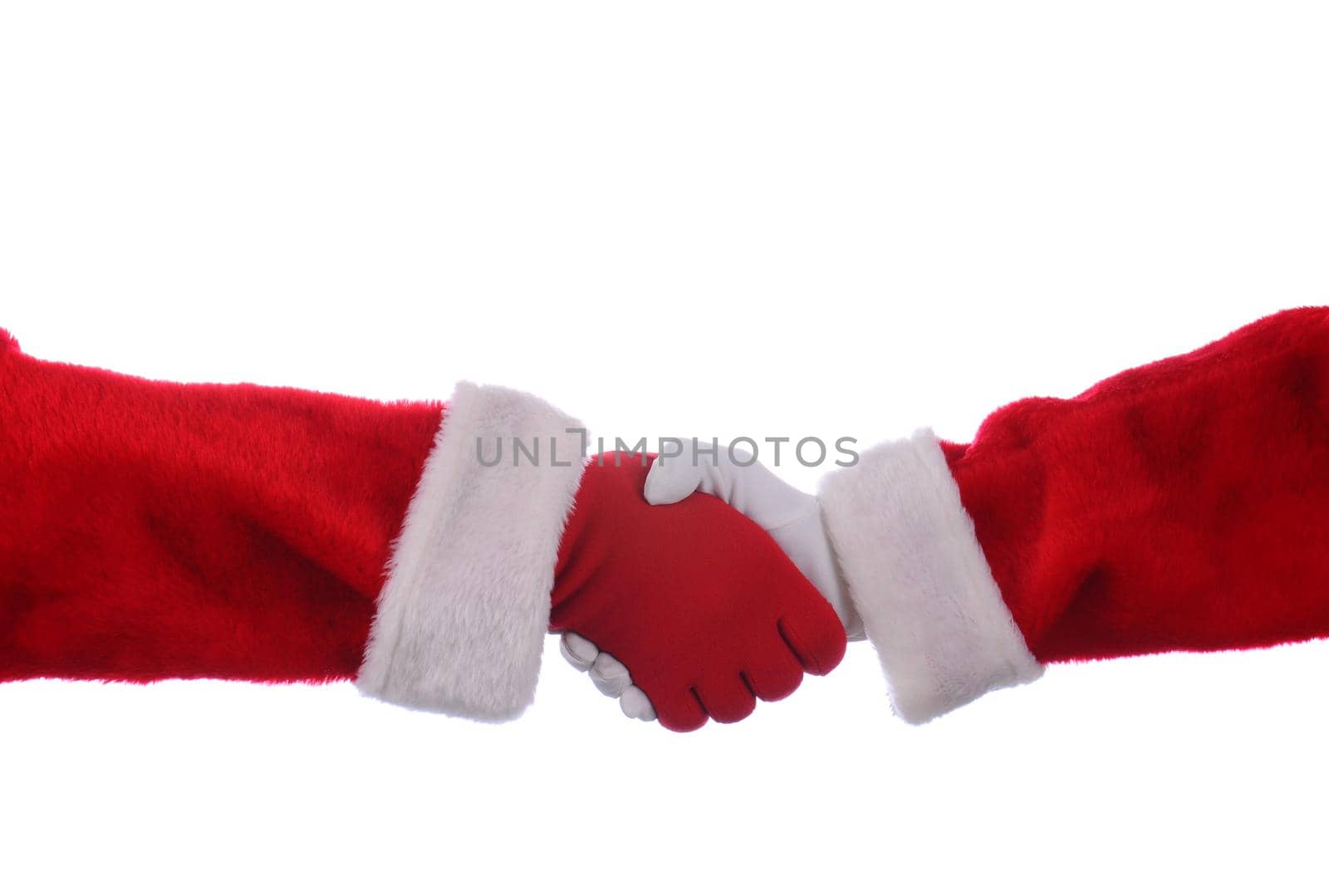 Two Santa Claus' shaking hands over a white background. One Hand is in a red glove the other is wearing a white glove.