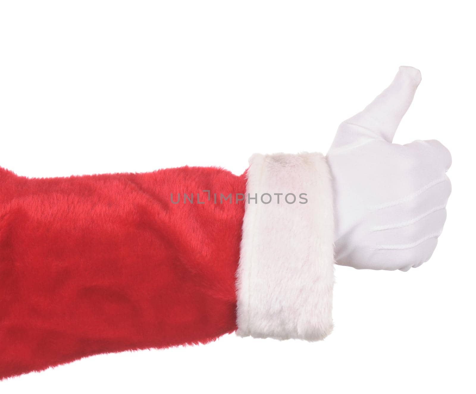 Santa Claus making thumbs up gesture isolated over white. Hand and arm only in horizontal format.