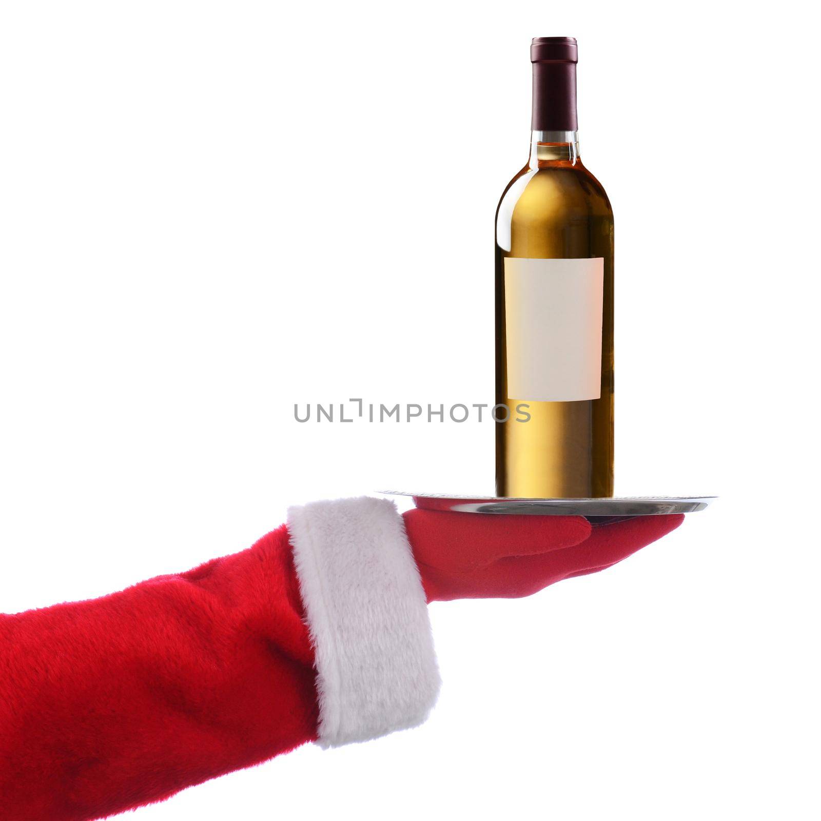 Santa Claus outstretched arm holding a Wine Bottle on a silver serving tray. Vertical format over a white background.