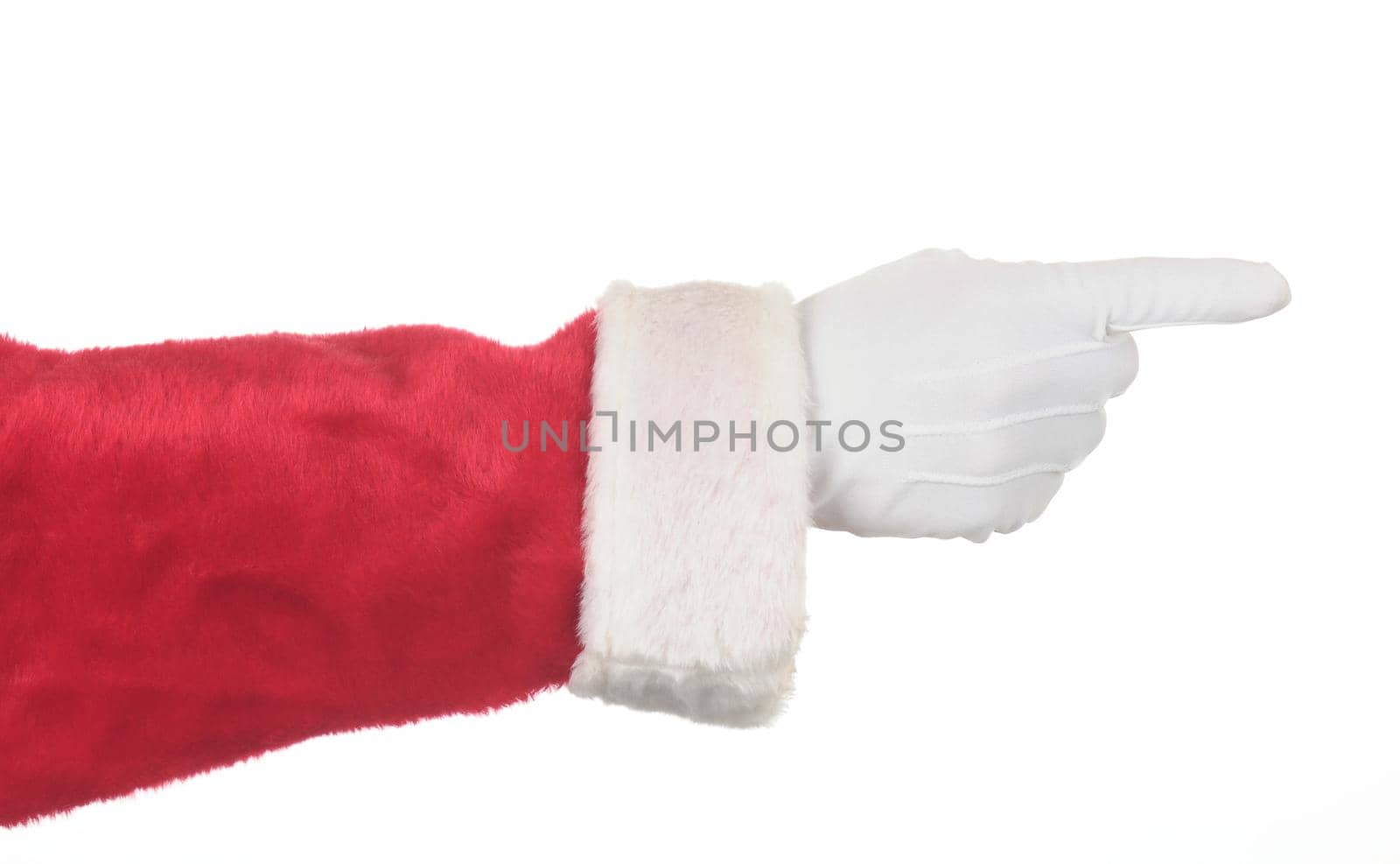 Santa Claus pointing his fingers isolated over white. Hand and arm only in horizontal format. Image can be rotated in any direction to fit your design.