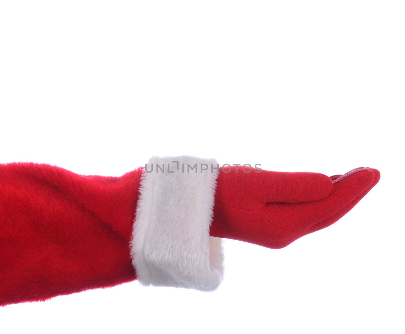 Santa Claus outstretched arm with his palm facing upwards. Horizontal format over a white background.