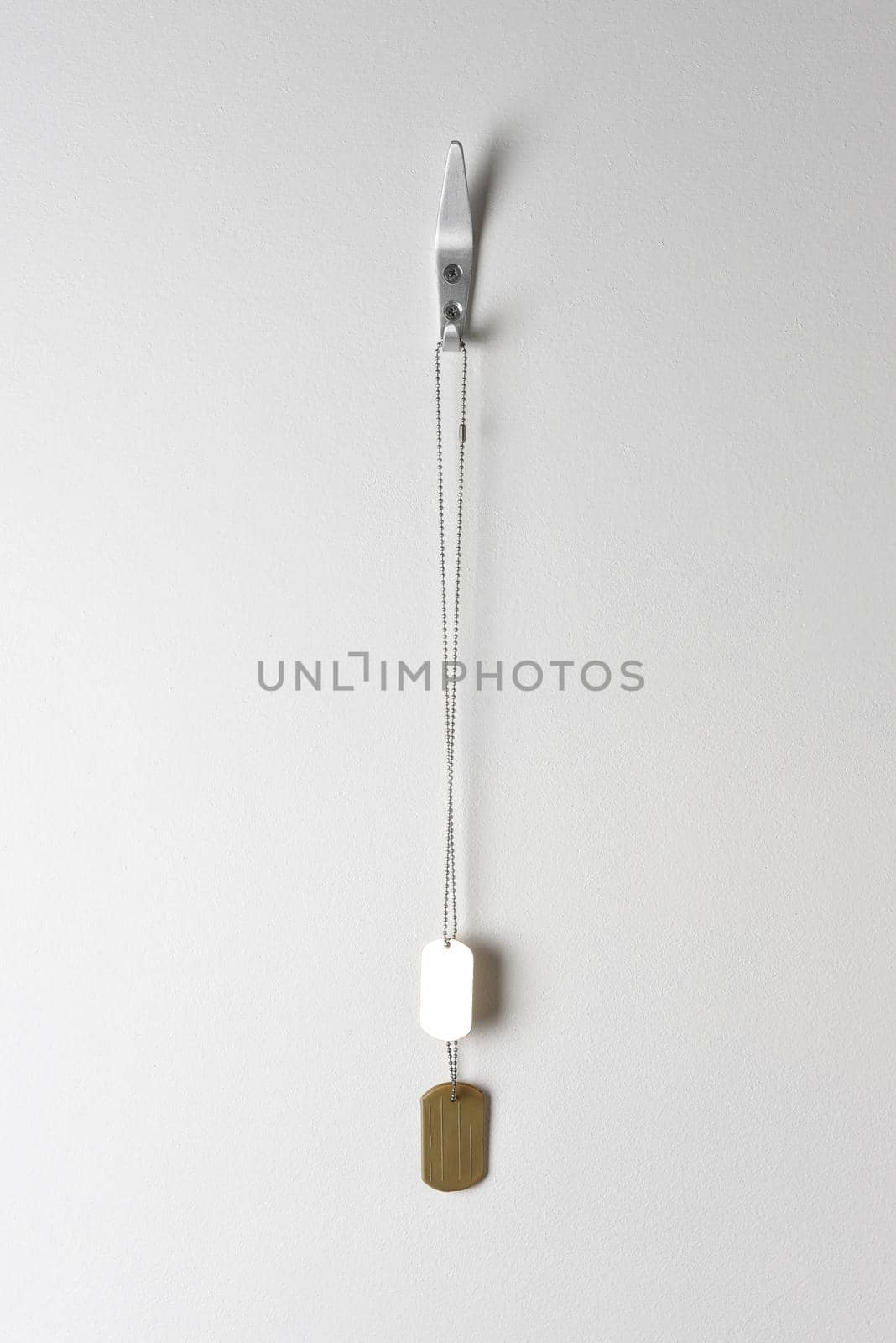 A single set of military dog tags hanging from a hook on a blank wall.