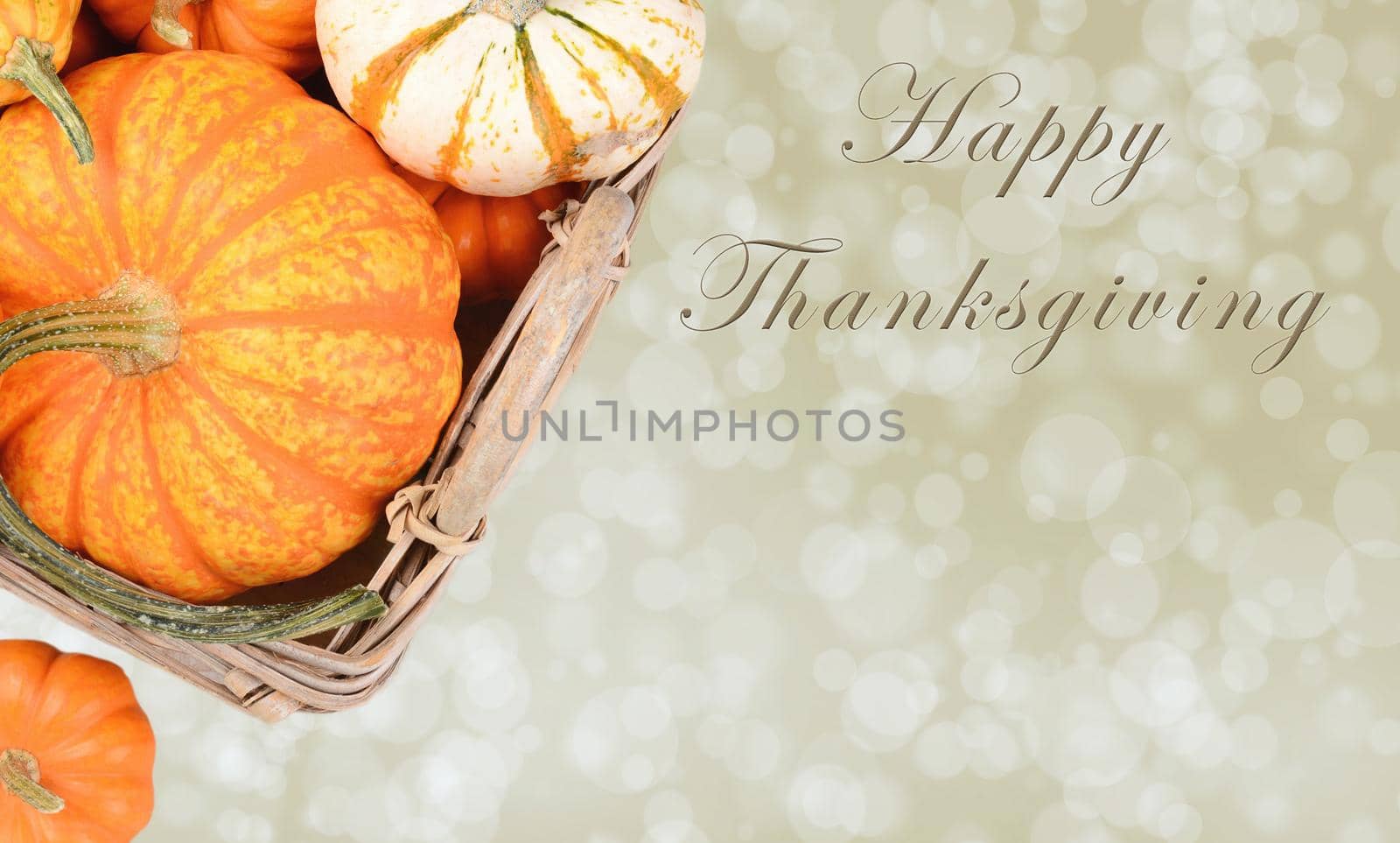 Basket of pumpkins and gourds on a warm bokeh background with the words Happy Thanksgiving. Room for additional copy.