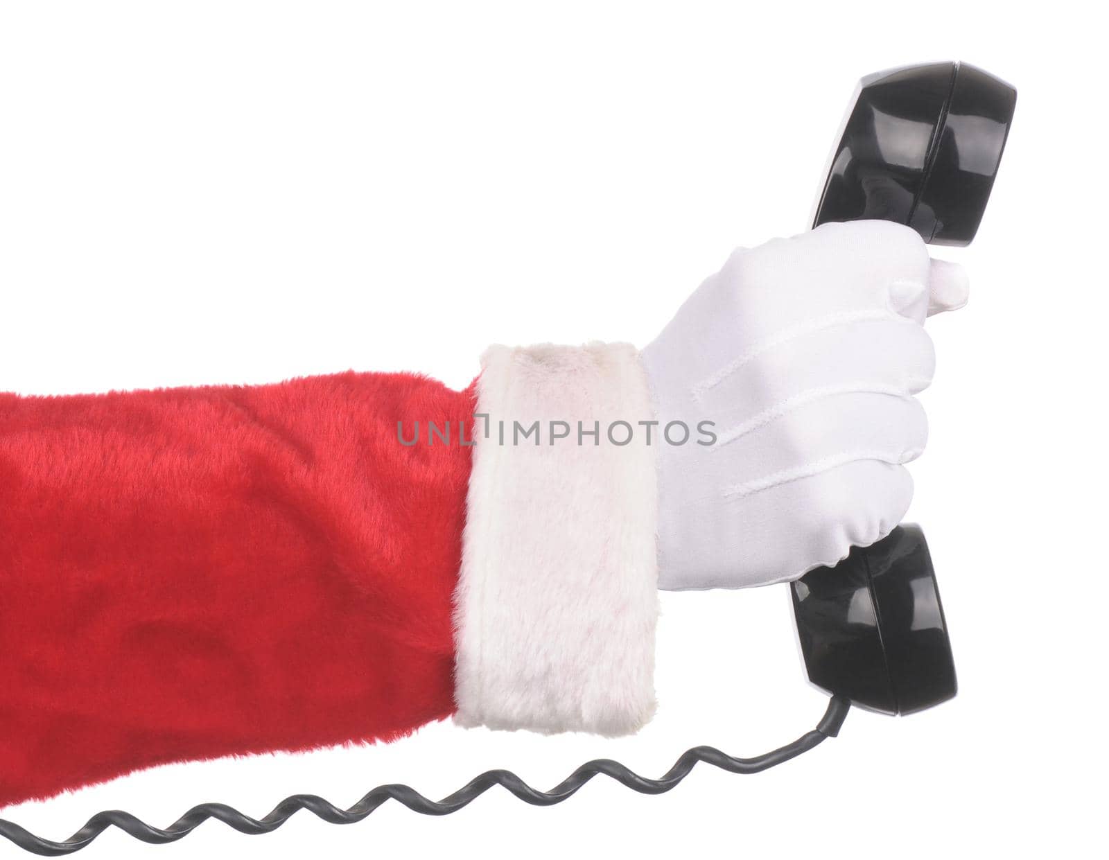 Santa Claus holding an old fashioned telephone receiver isolated over white hand and arm only. Horizontal Format.
