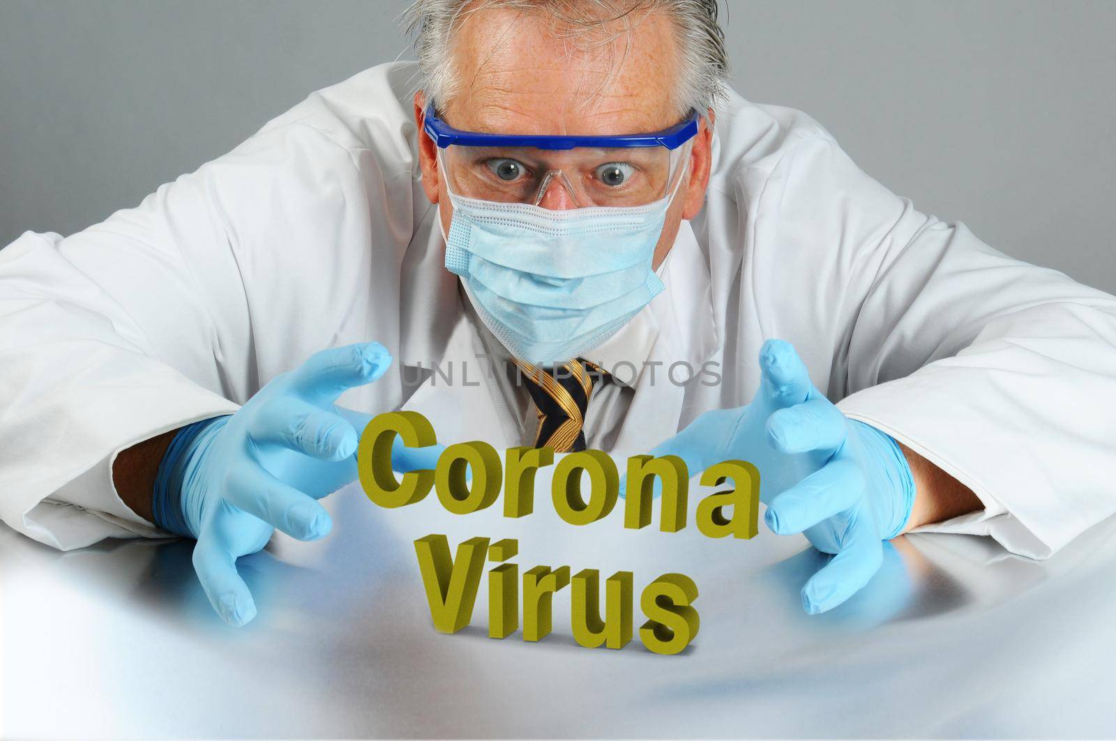 Scientist in a laboratory trying to get his hands around the  coronavirus before a pandemic breaks out. by sCukrov