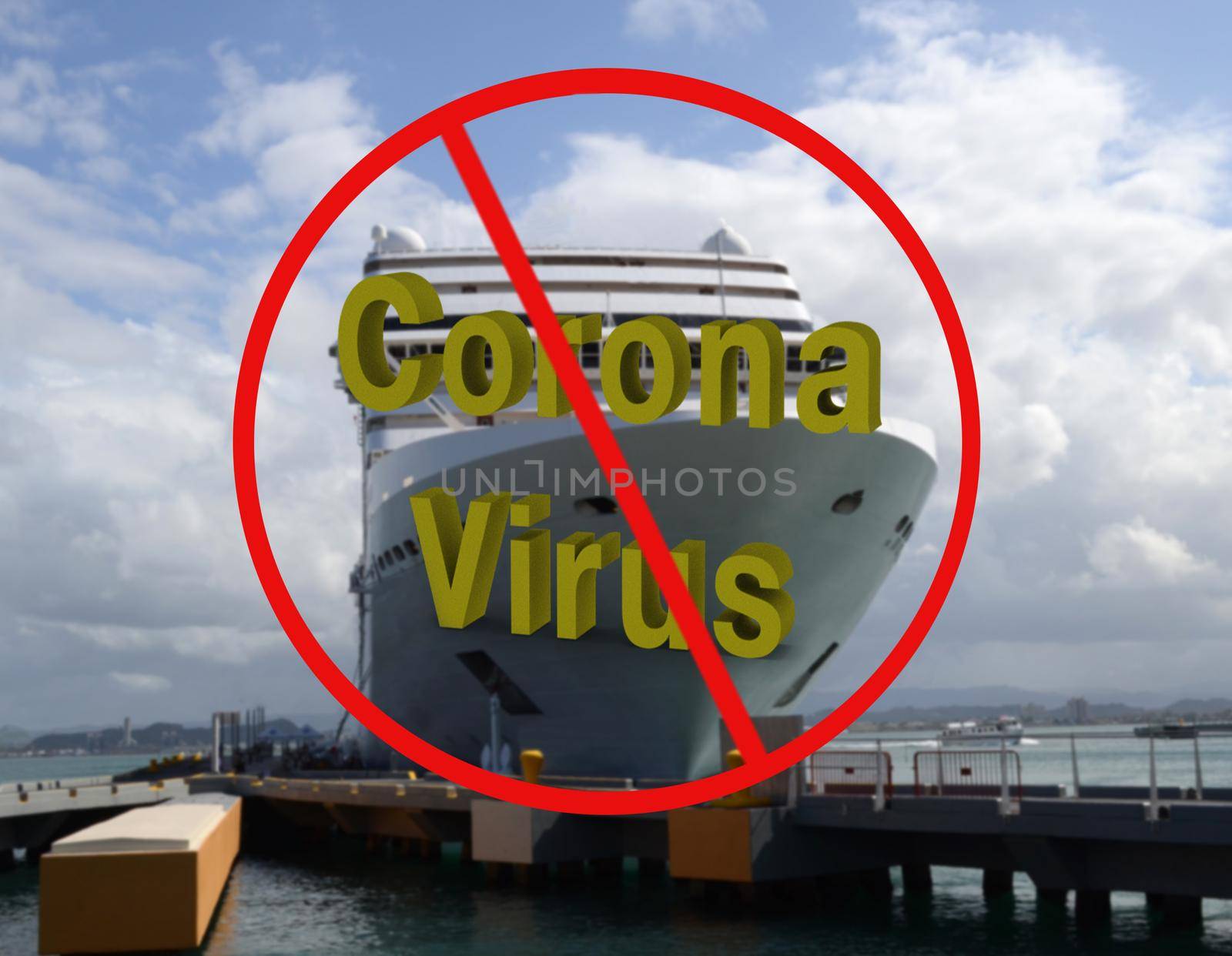 Cruise ship at dock with the international sign over the words Coronavirus, Global Pandemic concept. by sCukrov