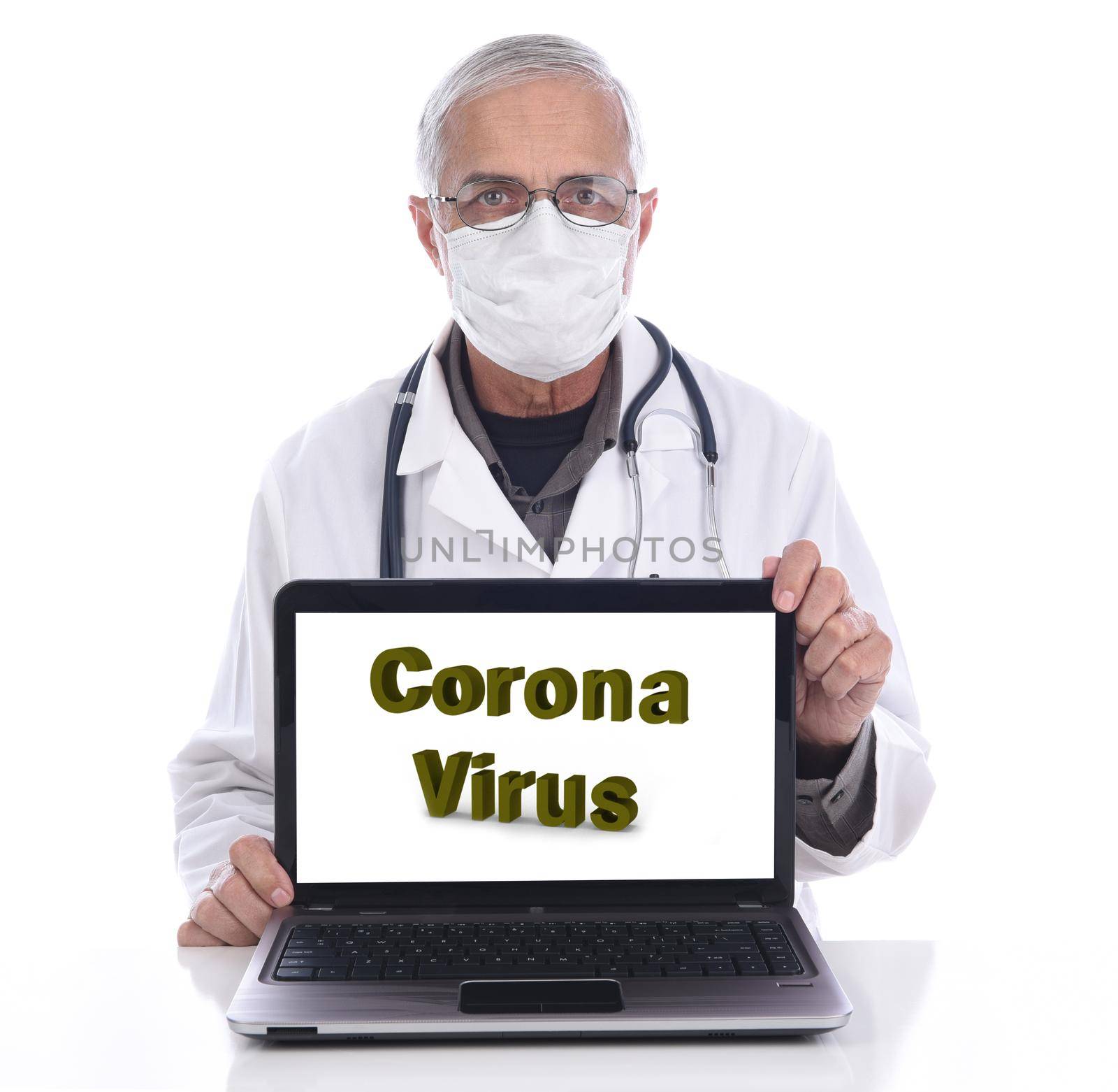 Coronavirus in large letters on a laptop computer screen. A Medical professional in surgical mask and lab coat is behind the computer. by sCukrov