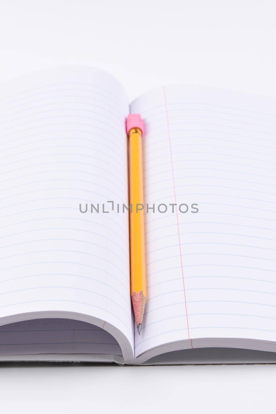 Theme Book and Pencil: closeup of an open notebook with a sharpened pencil in the fold, with shallow depth of field. 