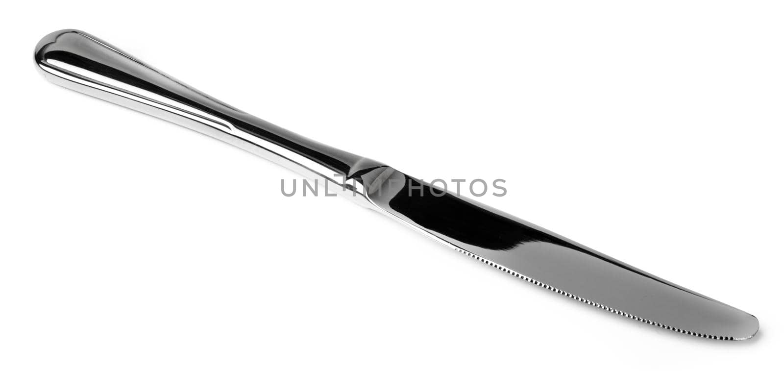 Silver dining knife isolated on white background close up