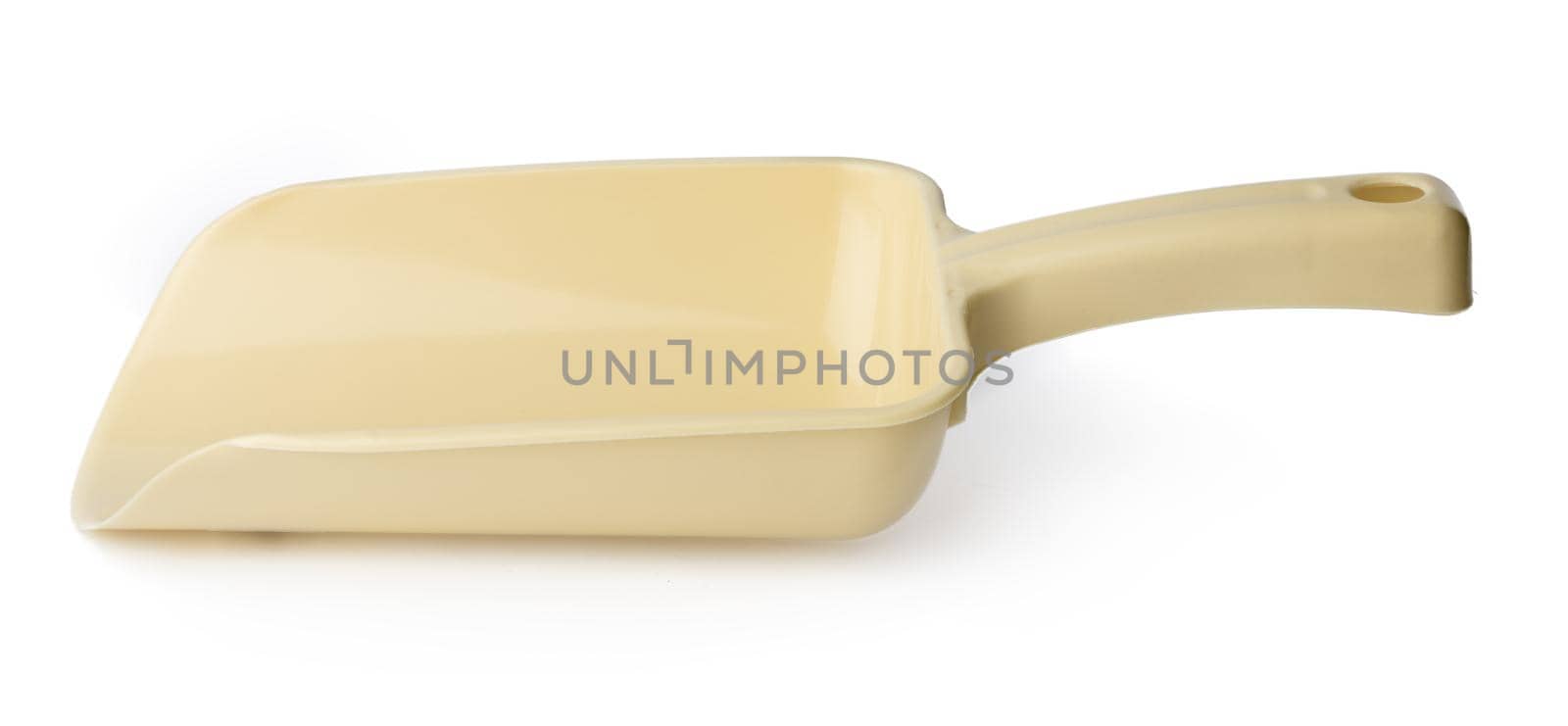 New plastic household scoop isolated on white by Fabrikasimf