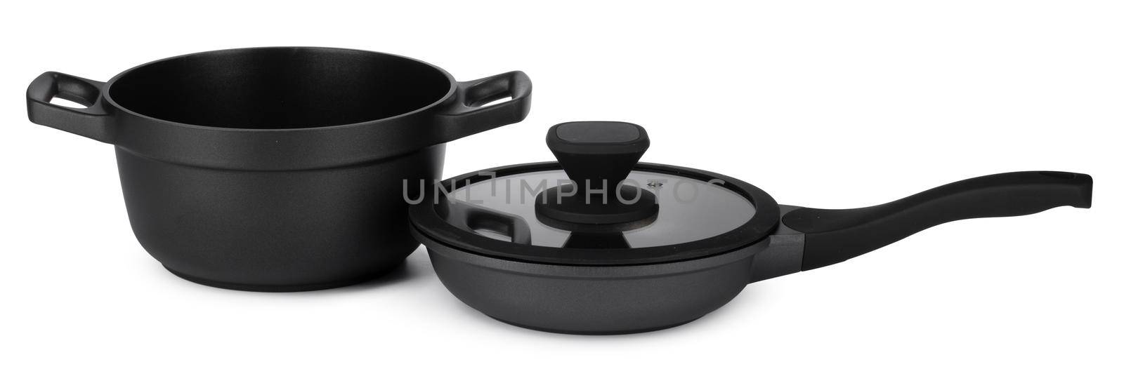 New set of black cookware isolated on white by Fabrikasimf
