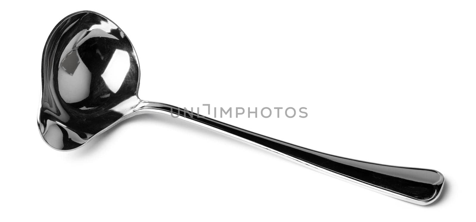 Metal kitchen ladle isolated on white background close up
