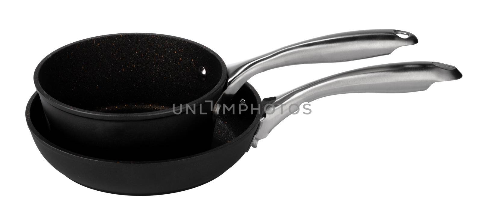 Set of new black pans isolated on white background