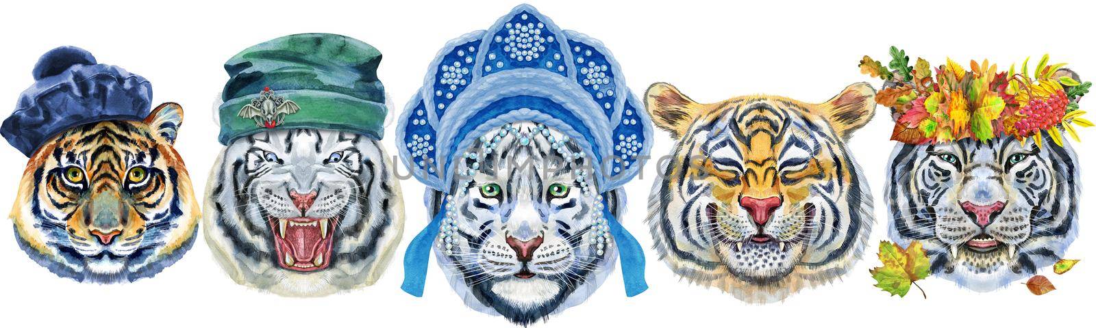 Watercolor illustration of orange smiling tiger, white tigers in hat, kokoshnik and autumn wreath