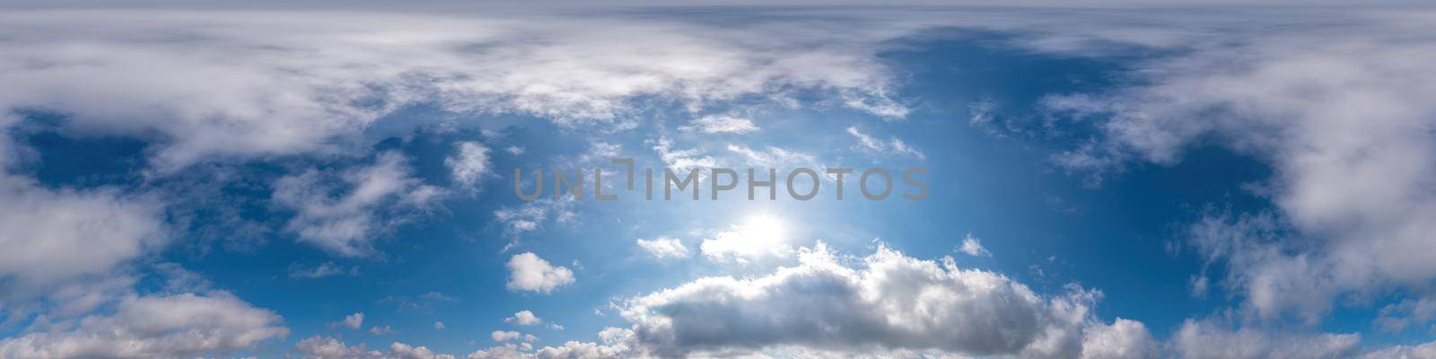 Sky panorama with Cirrus clouds in Seamless spherical equirectangular format. Full zenith for use in 3D graphics, game and editing aerial drone 360 degree panoramas for sky replacement