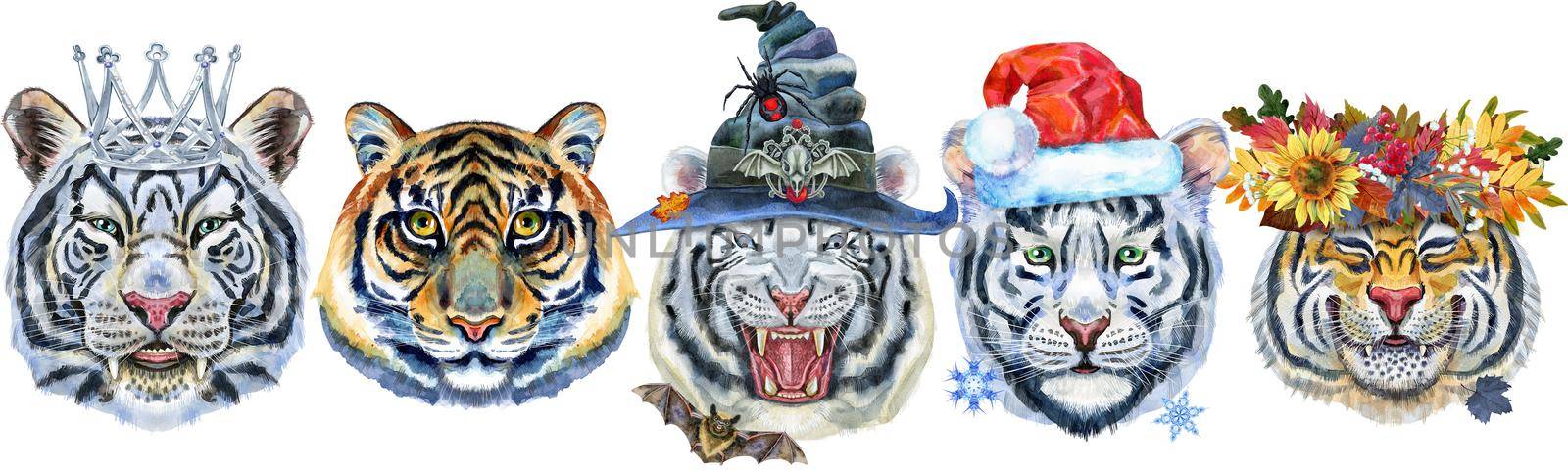 Watercolor illustration of orange smiling tiger in a wreath of autumn leaves, white tigers in crown, witch hat and Santa hat