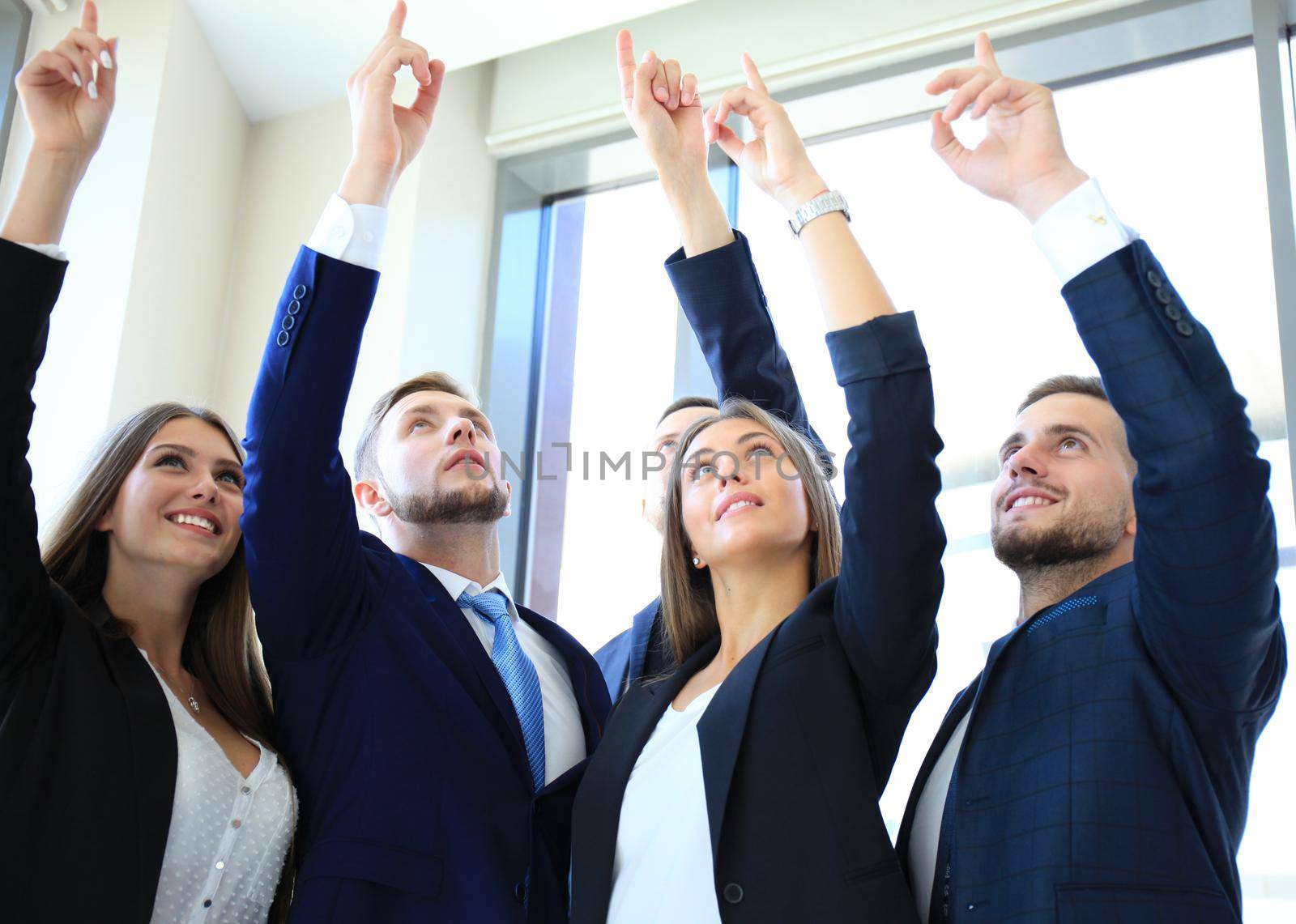 Group of five business people in a row pointing and looking up by tsyhun