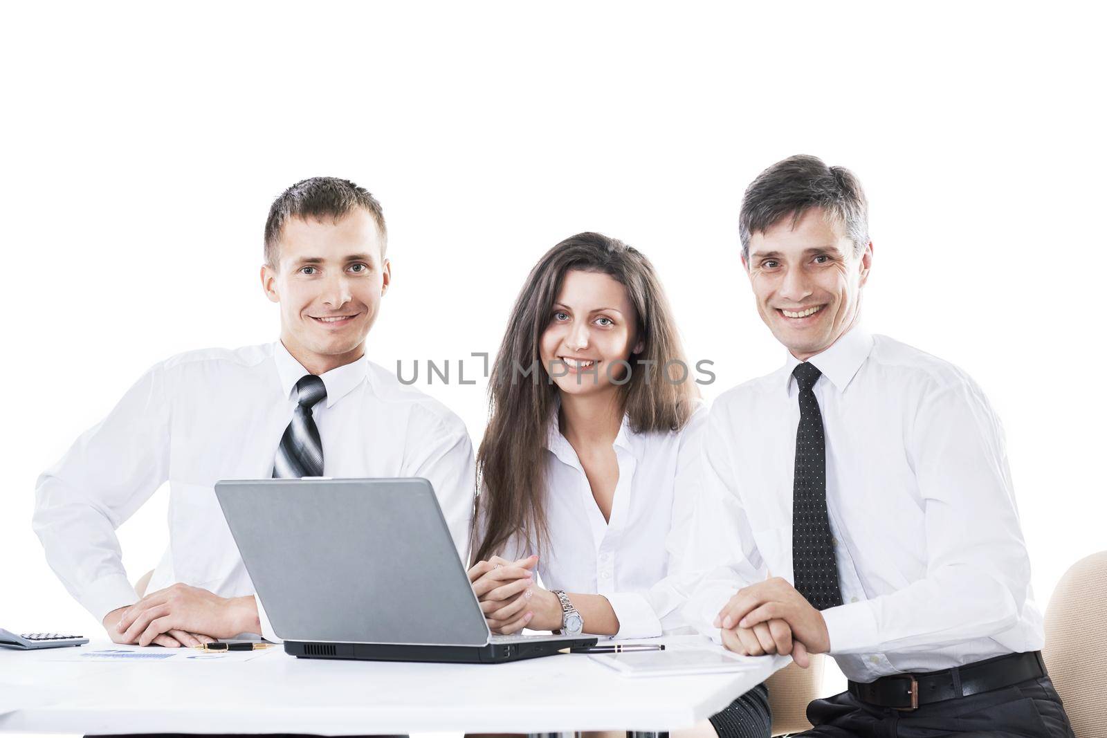 Group of business people working. Isolated on white background. Smiling and looking into the camera