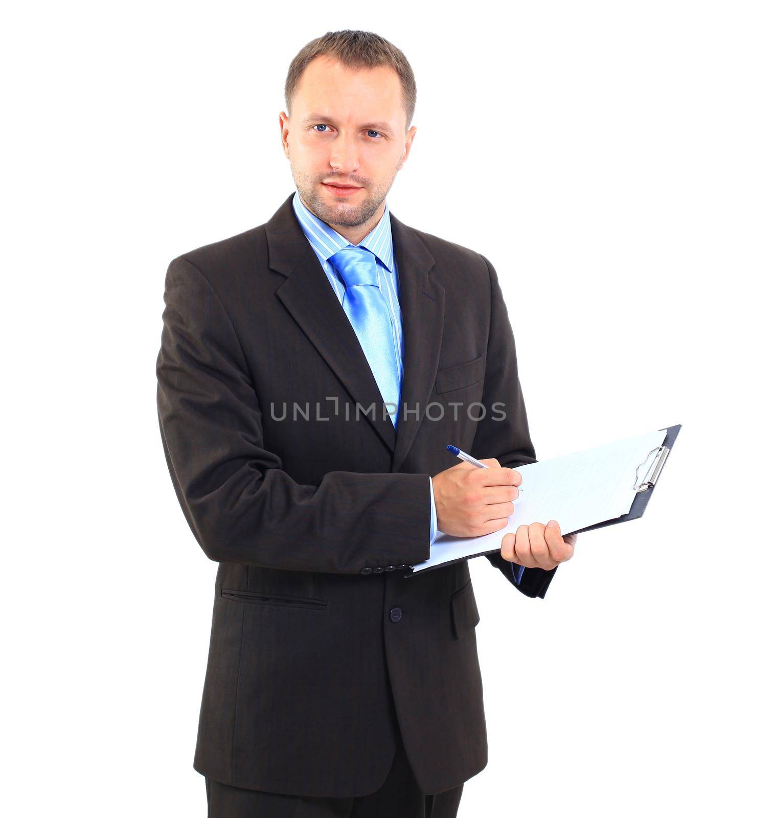 Smiling modern businessman holding blank clipboard in hands isolated on white