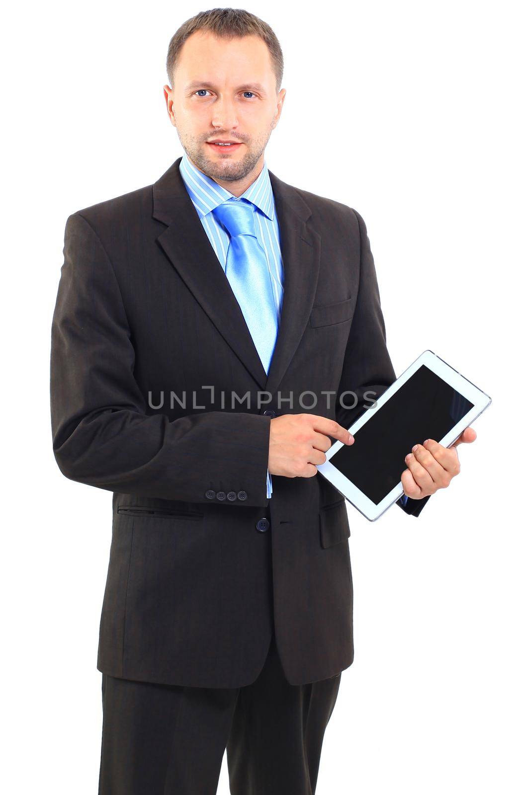 Portrait of a businessman with a tablet computer against a white background