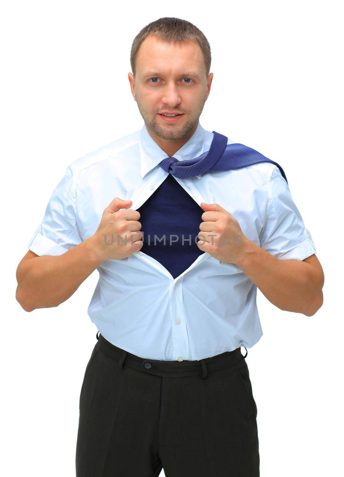 business man with courage and superman concept tearing off his shirt isolated over white background