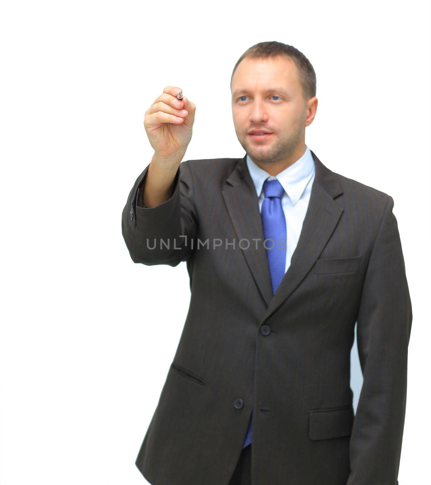 Portrait of happy smiling young business man showing blank signboard, isolated over white background by tsyhun