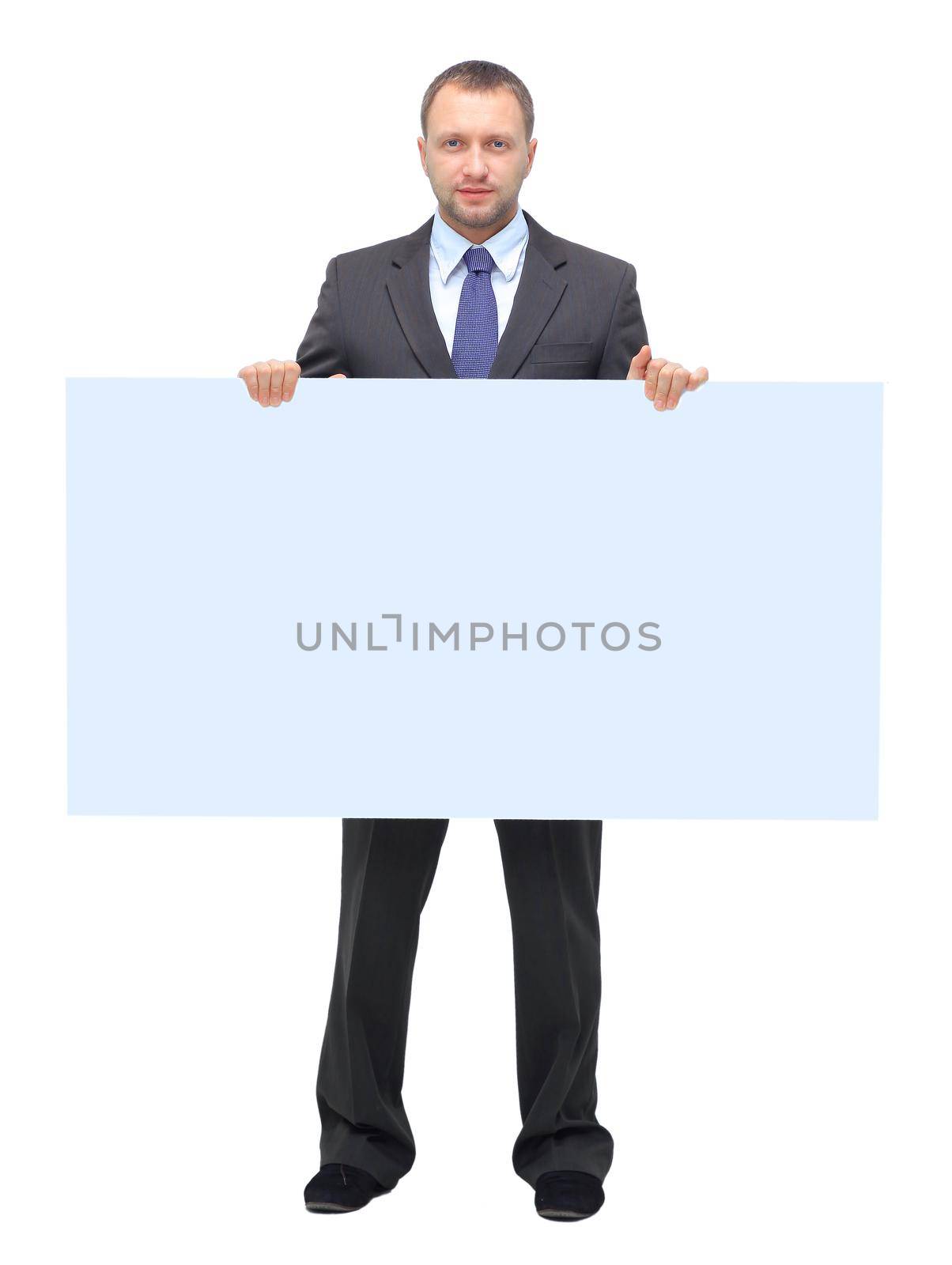 business man showing blank signboard, isolated on white background by tsyhun
