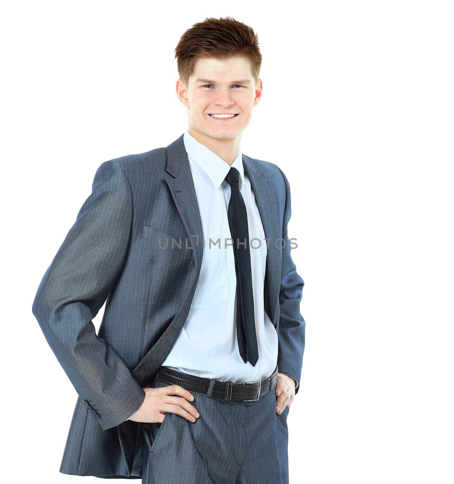young business man on a white background, to the right place for your text
